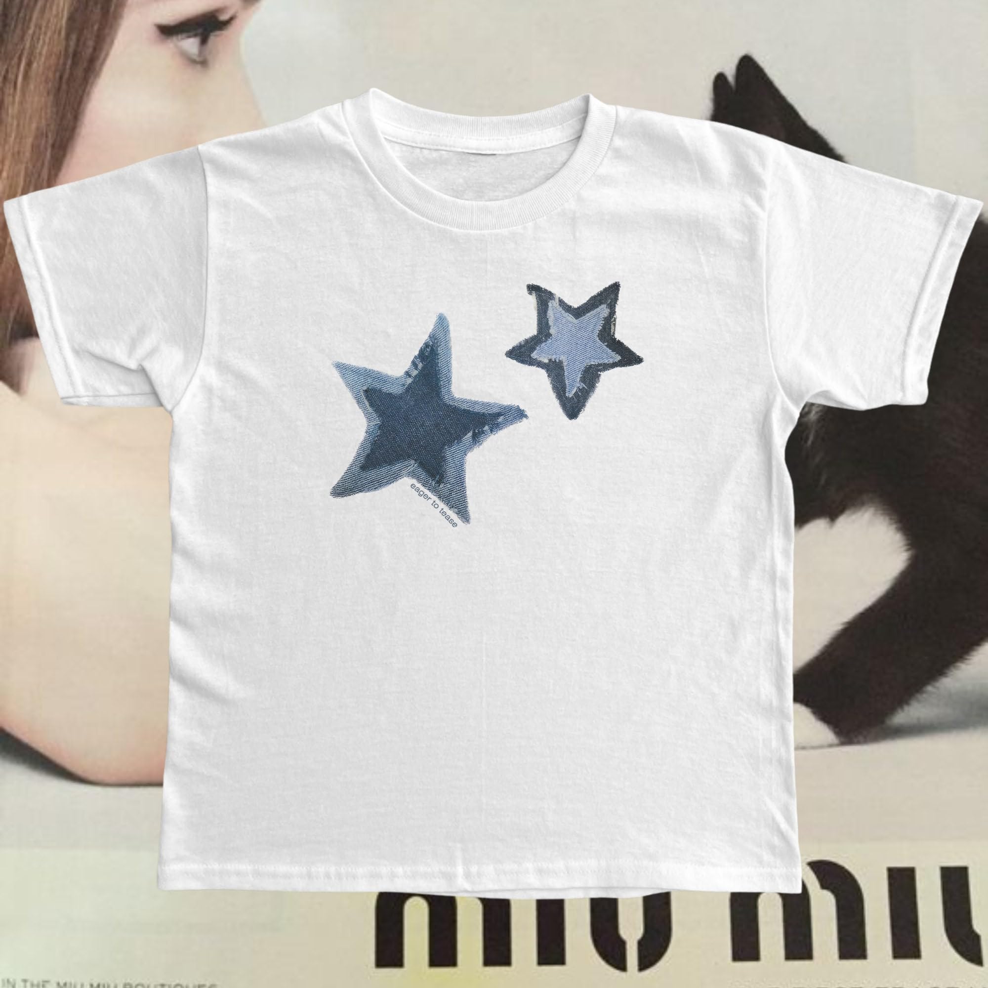 Women's Y2K Baby Tees Short Sleeve E-Girls Cute Graphic Print Crop Tops Retro Vintage Aesthetic T Shirts: Large Star-white