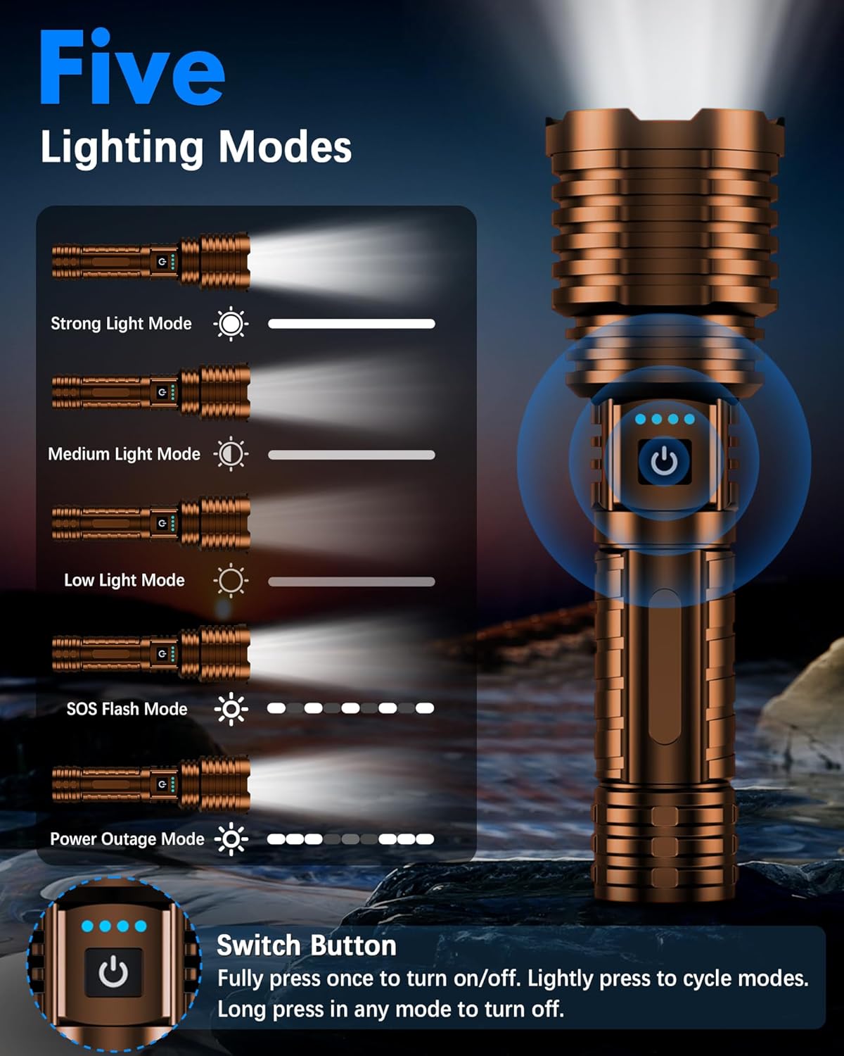 Super Bright Rechargeable LED Flashlights, 2500,000 True High Lumens,Tactical Flashlight Up to 25H Long Battery Life| Zoomable| 5Light Modes| IP67 Water Resistant,Strong Flashlight for Camping (Brown)