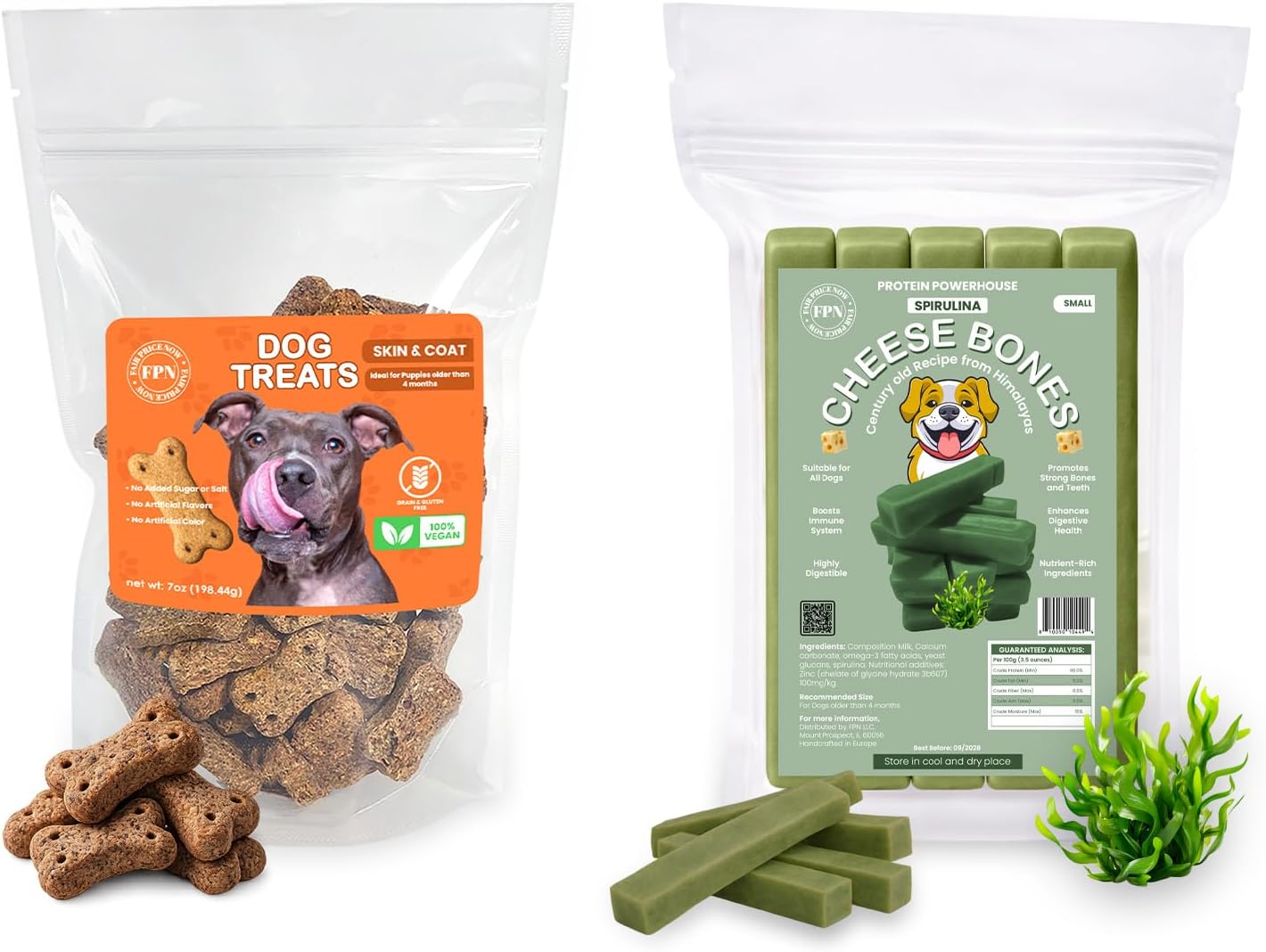 Himalayan Spirulina Cheese Dog Chews Small 5 Bar with Vegan Skin&Coat Dog Treats 7 oz | Long Lasting Cow Milk Skin&Coat Chews & Plant Based Oral Health Dog Treat Combo