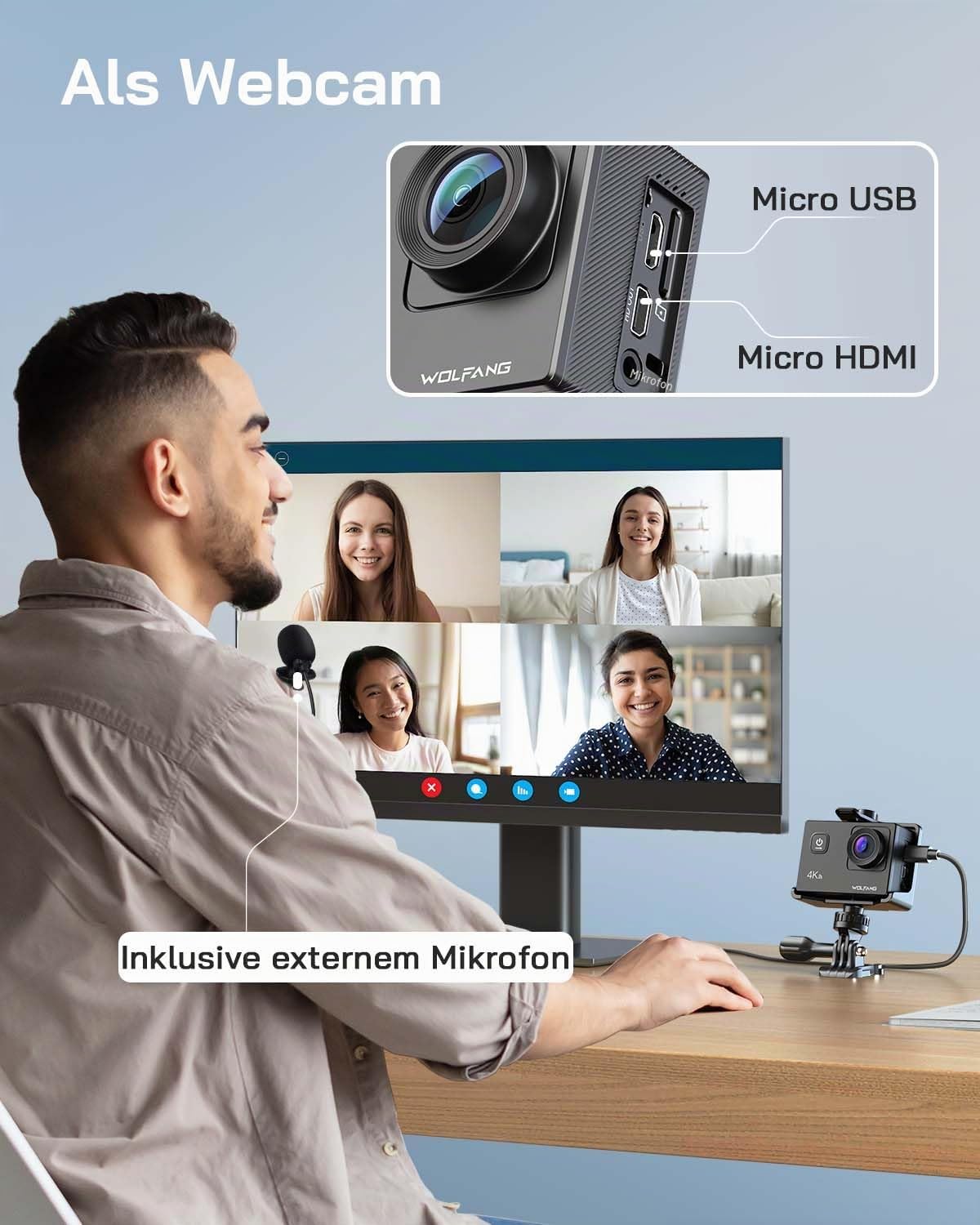 WOLFANG Action Cam 4K 30FPS 20MP mit 32GB microSDXC WiFi 40M Unterwasserkamera Wasserdicht EIS Actioncam Zubehör Kit