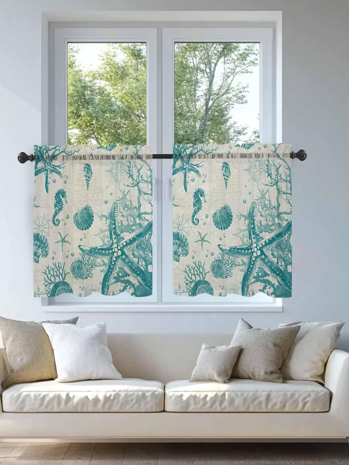 Turquoise Starfish Sheer Curtains for Bedroom Living Room Window Tier Curtain 36 Inch Length, Ocean Nautical Seahorse Coral Shell Rod Pocket Voile Drapes Kitchen Curtains Small Half Window 2 Panels