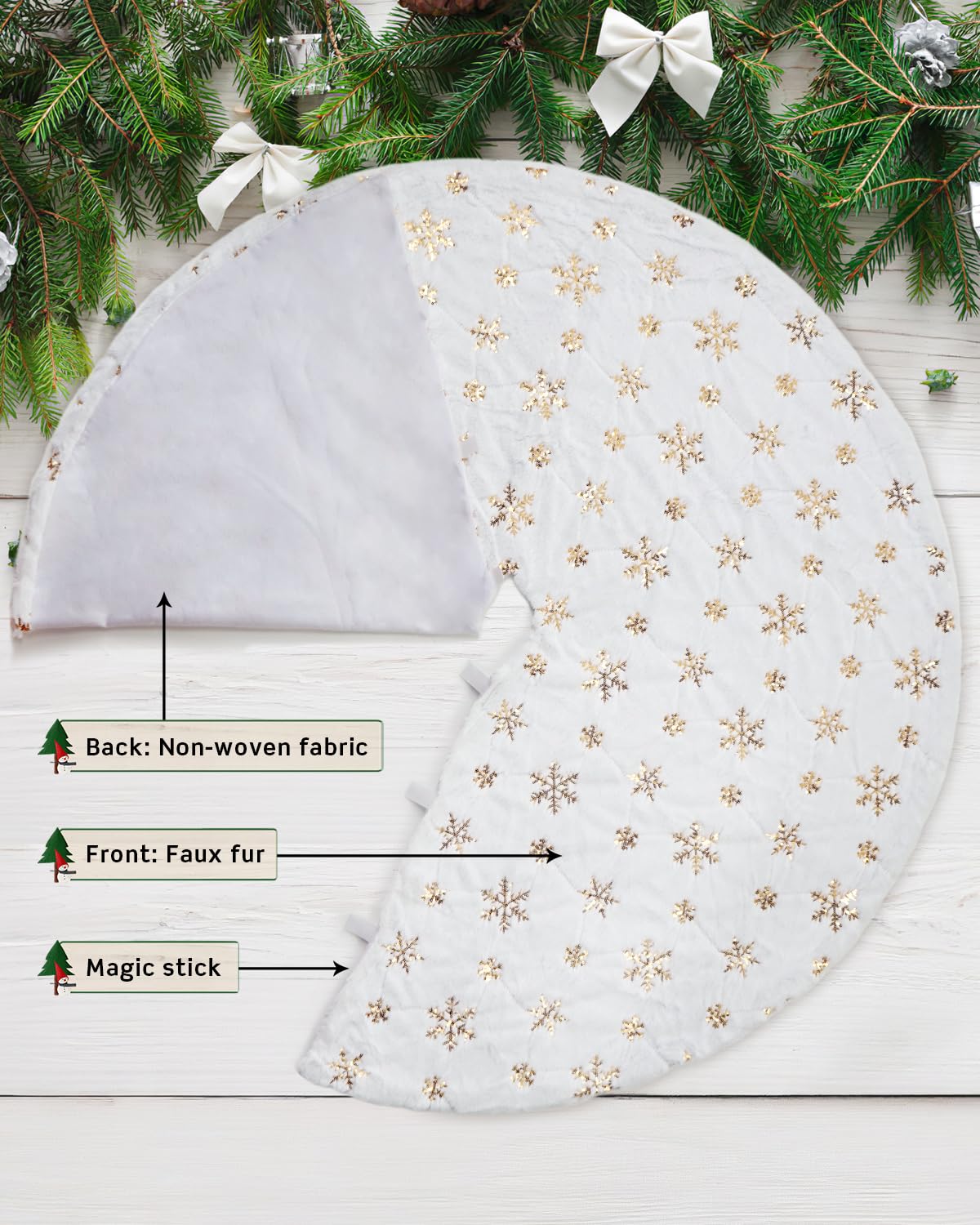 COOLWUFAN 48in 120cm Jupe de Sapin de Noël Blanc Doré Sequin Flocon de Neige