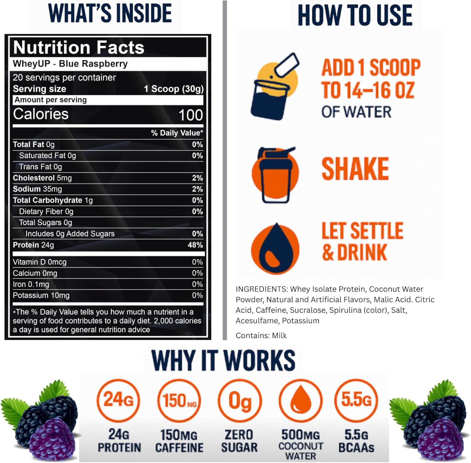 WheyUP Clear Whey Isolate Protein Powder, Blue Raspberry - 150mg Caffeine - 20 Servings - 24g Protein - 5.5g BCAA'S - 100 Cal. - 0g Sugar - 500mg Coconut Water for Hydration - Pre-Post Workout Drink