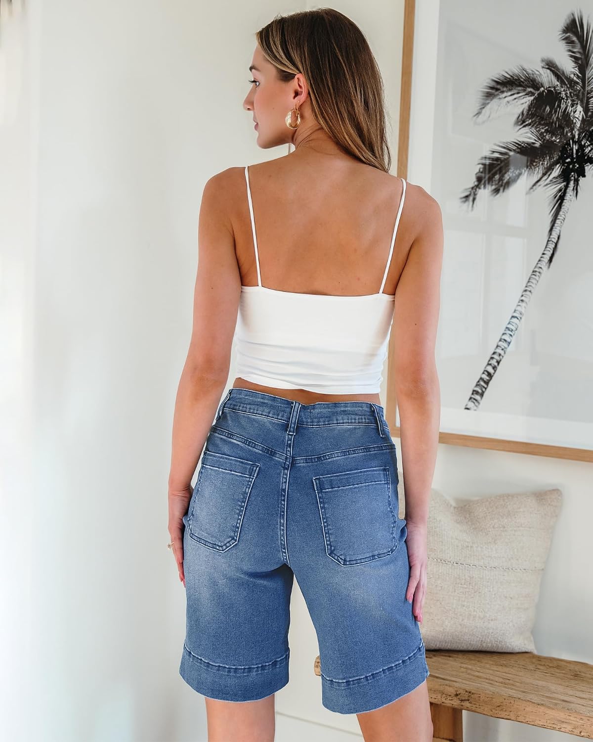 Utyful Bermuda Shorts for Women Trendy High Waisted Patch Pocket Knee Length Stretchy Denim 10 Inch Inseam Long Shorts
