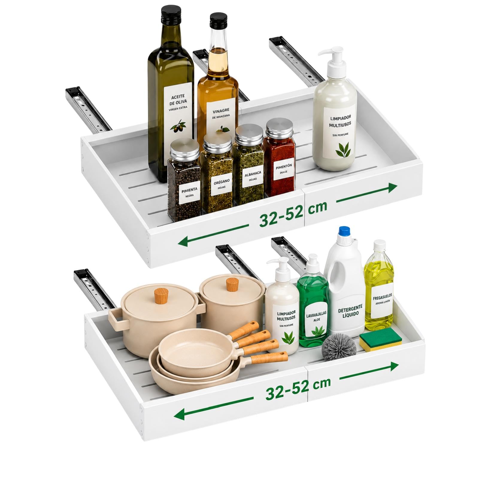 Cajones Extraibles para Cocina - Bandeja Extraíble Armario Cocina - Organizador Armario de Ancho Ajustable (32-52 cm) Para Almacenaje y Organizador en Hogar - Sin Taladrar (Blanco 52)