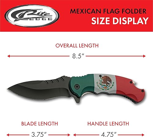 Miniatura 3 de SZCO Supplies Cuchillo plegable con bloqueo abierto asistido con bandera mexicana de 8.5 pulgadas con clip de bolsillo, rojo, blanco y verde