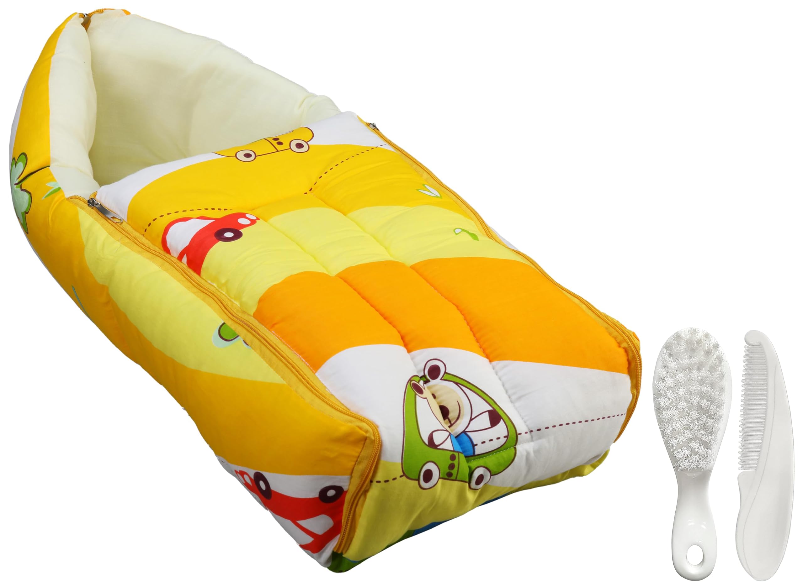 Luv Lap 3 in 1 Baby Bed, Sleeping Bag & Carry Nest, 0M+ (Cars Print, Multicolour) & LuvLap Elegant Baby Hair Brush and Comb Set, 0m+ (White)