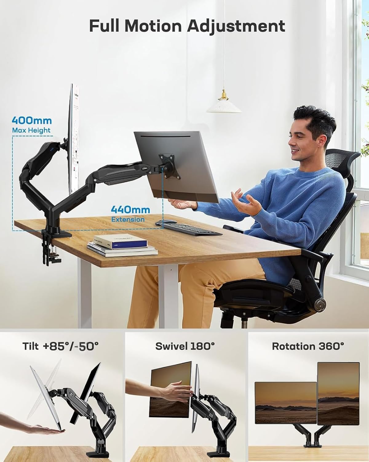 HUANUO Soporte Monitor Doble, Brazo Monitor de Escritorio para Pantallas de 13 a 32 Pulgadas, Ajuste de Altura con Inclinación, Giratorio, Rotar, VESA 75 & 100 mm, Carga Máxima 9kg 5