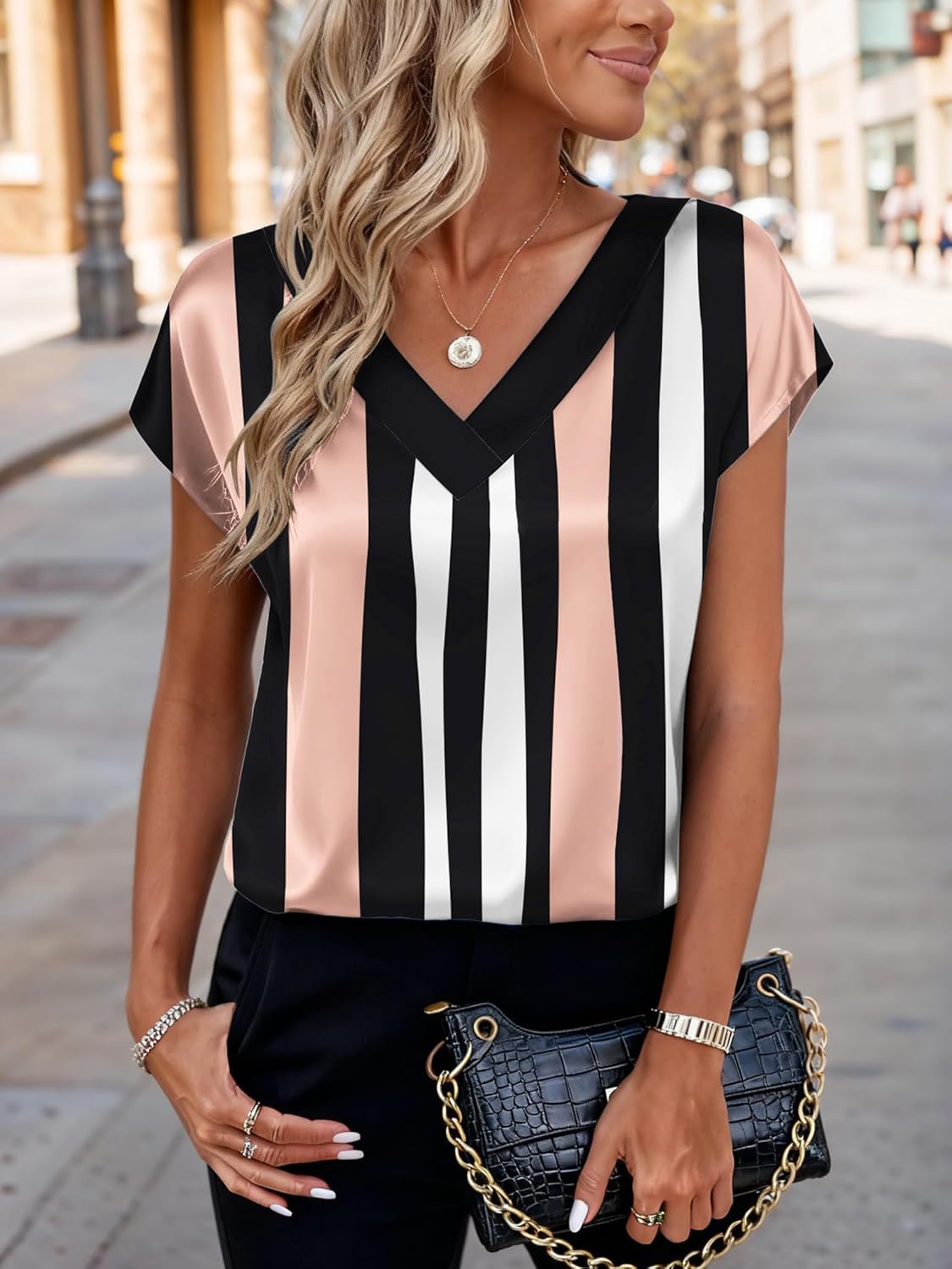 Zeagoo Women Silk Satin Tops Cap Short Sleeve Blouse V Neck Shirts Business Casual Outfits S-2XL - Image 2