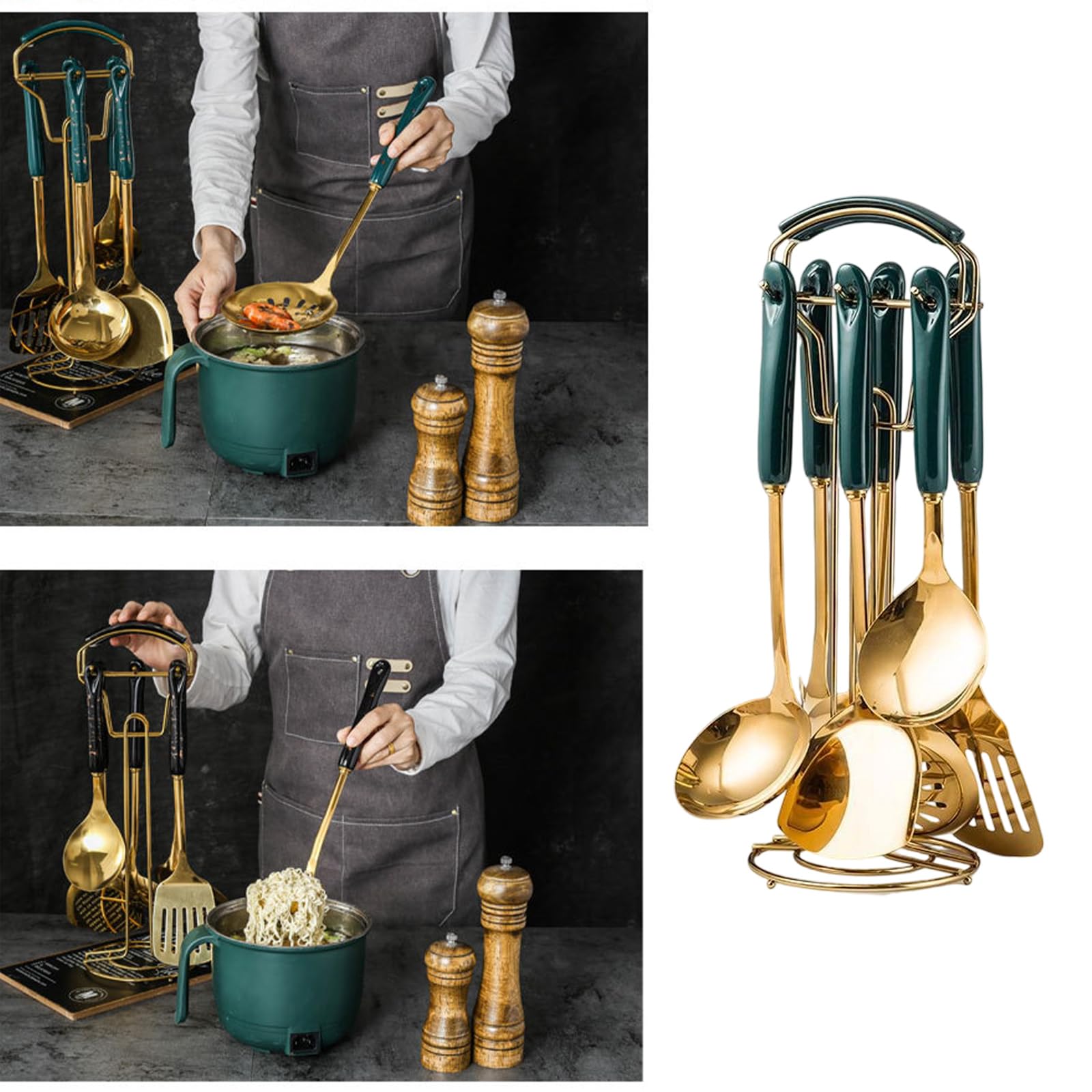 Set di 7 utensili da cucina in acciaio antiruggine con manici antiscivolo e lavabili in lavastoviglie per chef moderni, robusti utensili da cucina in acciaio antiruggine