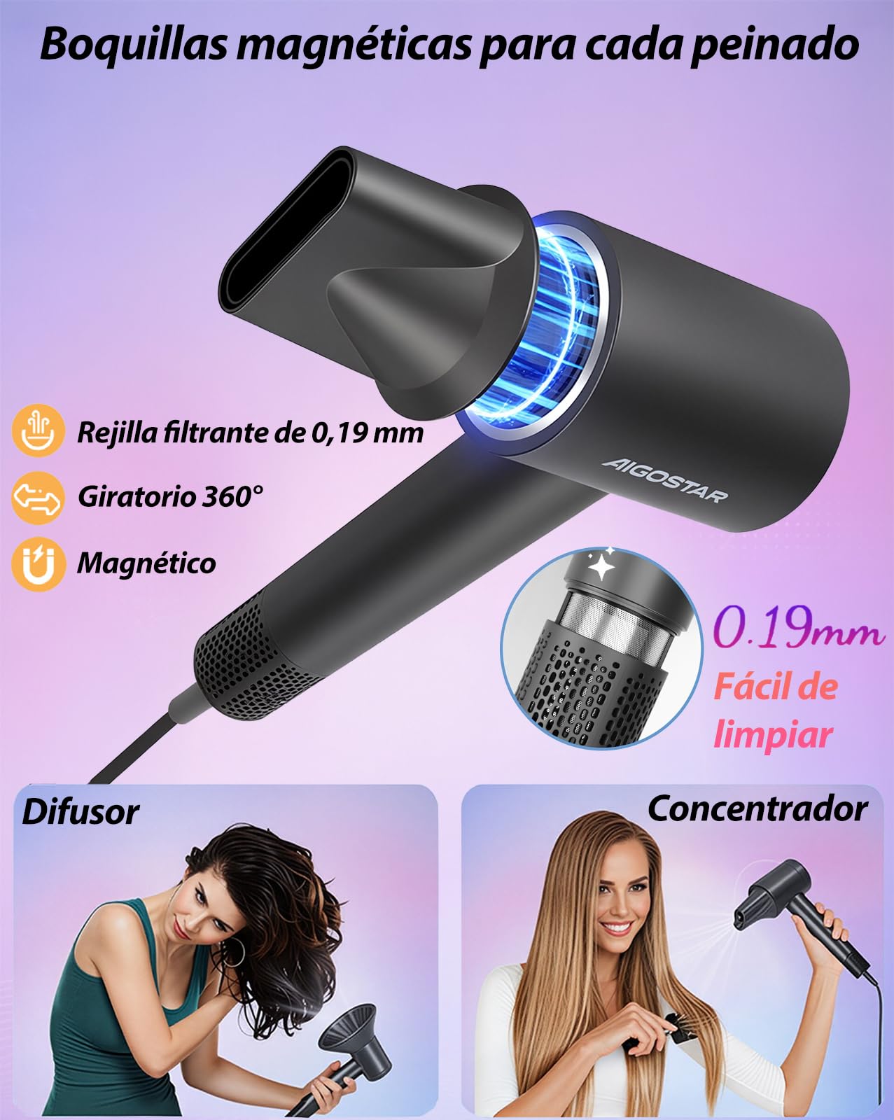 Aigostar Secador de Pelo Profesional Iónico 1600W con Difusor para Rizos | Motor BLDC 110000rpm, 500M Iones Negativos, Control NTC Temperatura, 55dB Silencioso, Boquilla Magnética, para Salón y Viaje