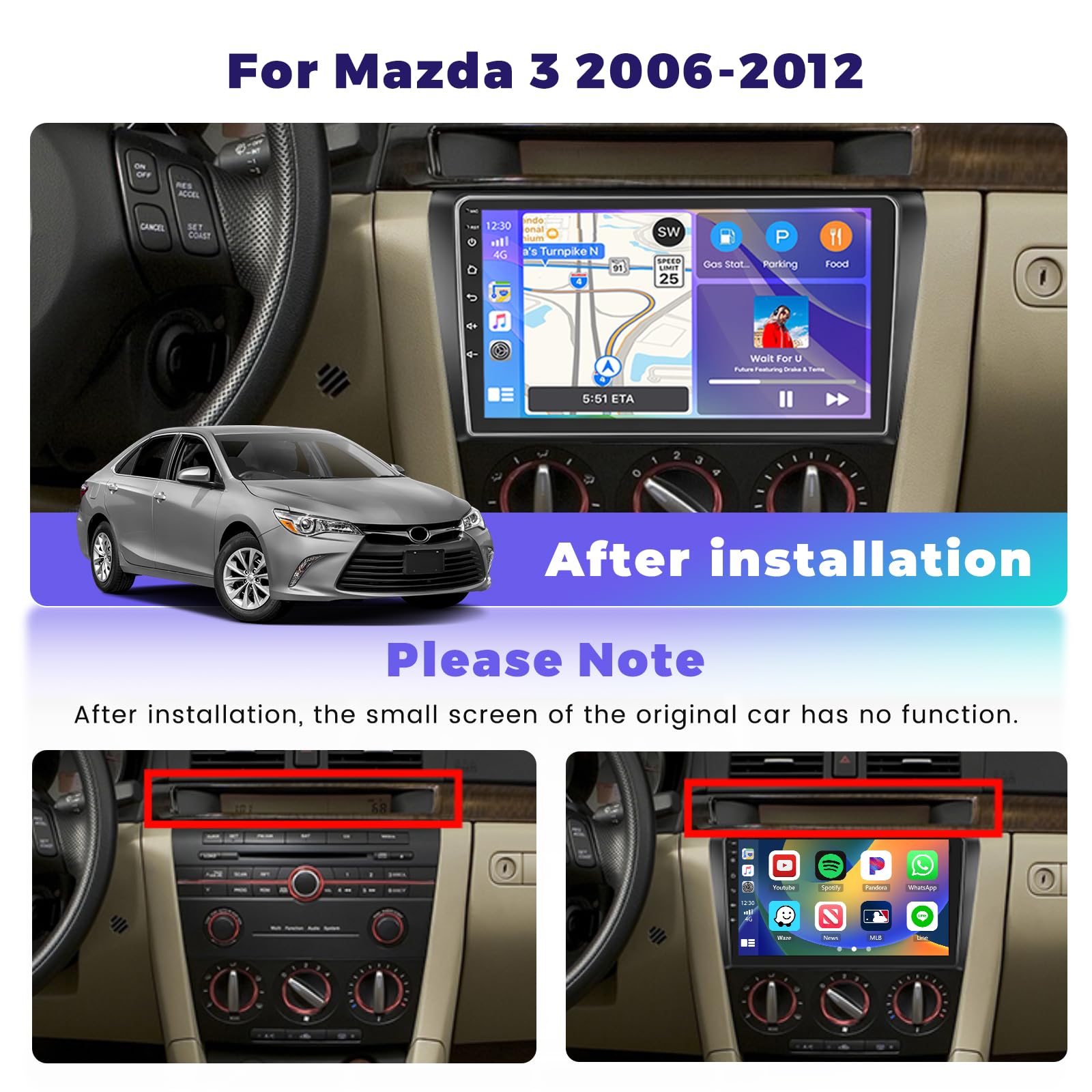 4G+64G Android Radio Coche Carplay para Mazda 3 2006-2012 Android Auto Inalámbrica 9 Pouces Pantalla Coche Autoradio 2 DIN Bluetooth GPS WiFi DSP RDS USB Cámara Trasera+CANBUS