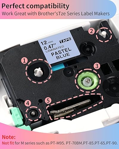 Miniatura 2 de Paquete de 5 cintas para etiquetar compatibles con Brother P Touch, 0.472 in, 0.47 pulgadas, cinta laminada TZe TZ (blanco, rosa baya, morado, rosa,