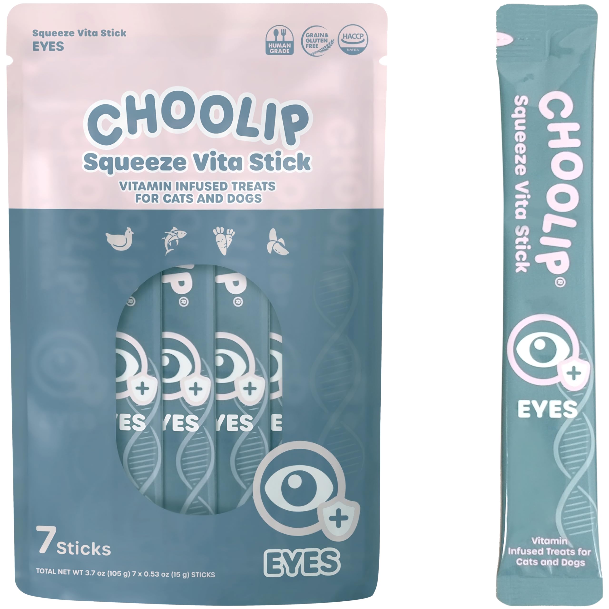 Choolip Squeeze Vita Stick Lickable Cat and Dog Treats, 7-Count Eye Support, Chicken and Tuna with Lutein, Grapeseed Extract and Vitamin E,