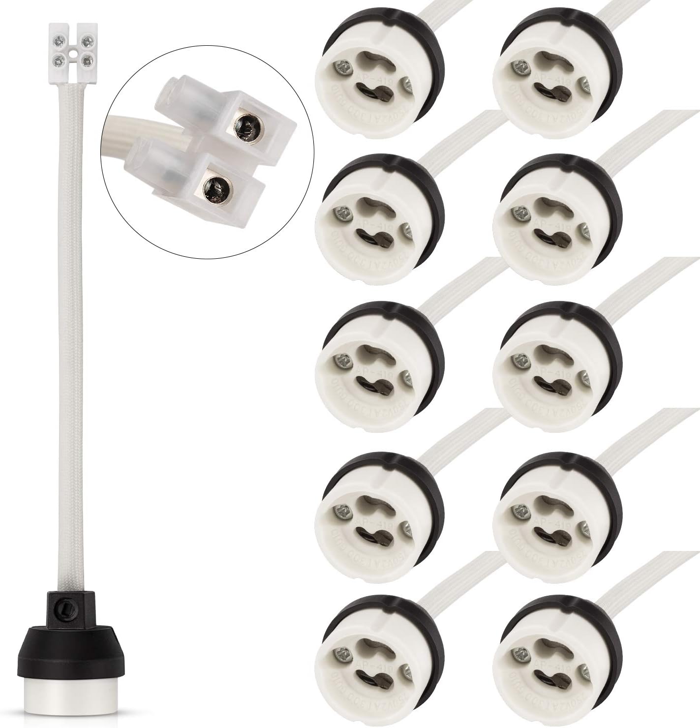 DiCUNO GU10 Lamp Holder 0.75mm² 15CM/150MM Wire GU10 Connector Ceramic Base for Spotlight Bulb, 0-250V, 300W, 2A, 10 Packs