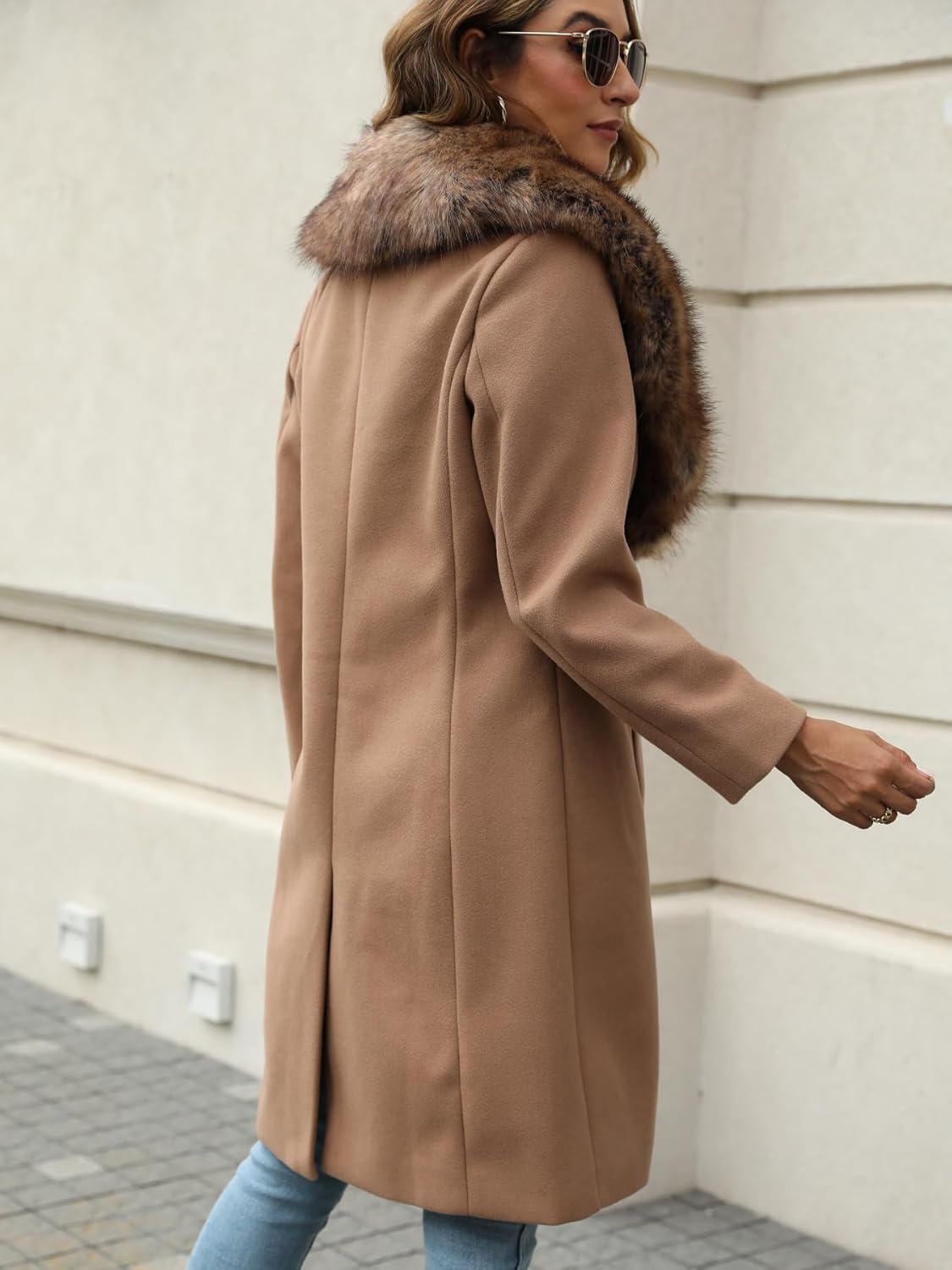 Womens Fur Trench Coat Elegant Jacket Warm Long Fall Winter Overcoat With Fur Collar & Belt - Image 3