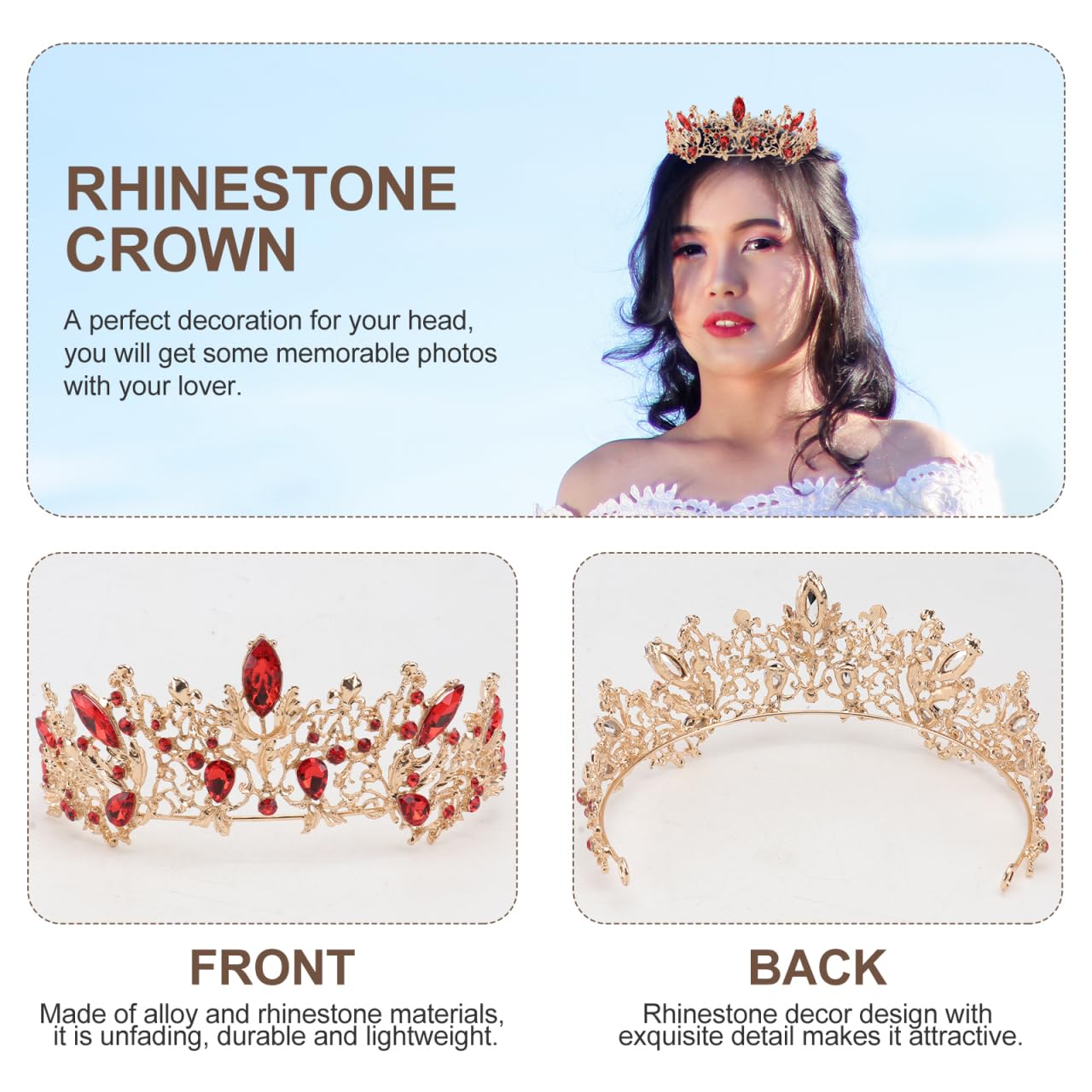 Barock Couronne de mariée vintage avec strass en cristal rétro pour femme mariée (rouge et doré)