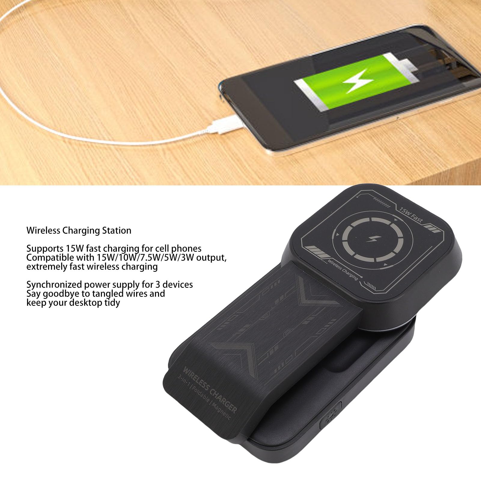 Stazione di Ricarica Wireless, 3 Dispositivi in Ricarica Rapida | Compatibilità universale, supporto regolabile, design salvaspazio