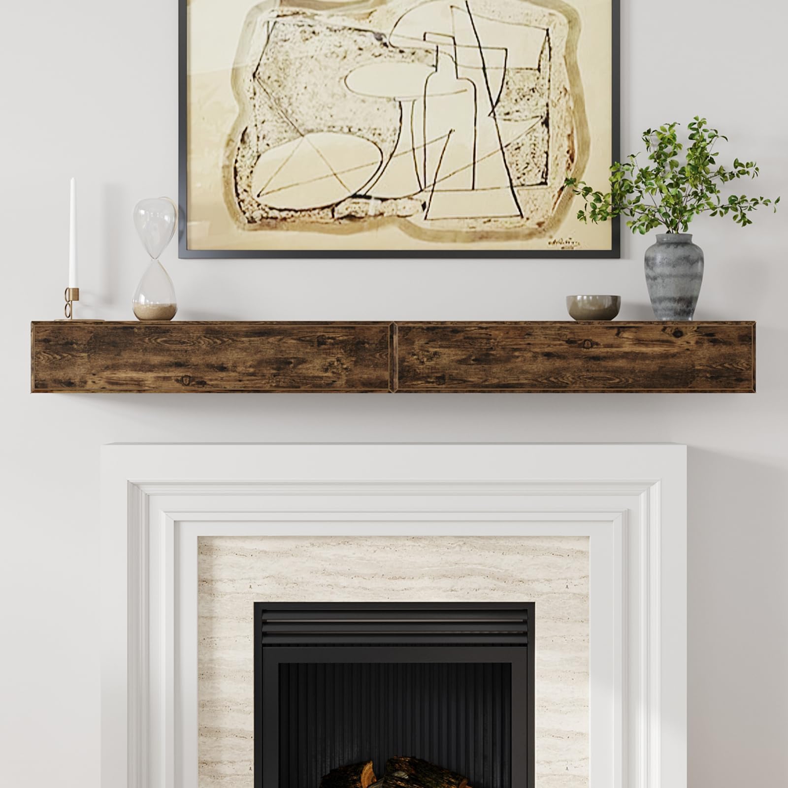 finosen 72inch fireplace mantel shelf with hidden storage - mdf wood wall-mounted shelf, farmhouse floating mantel for fireplace or living room, diy assembly required,brown (72lx8dx7h)