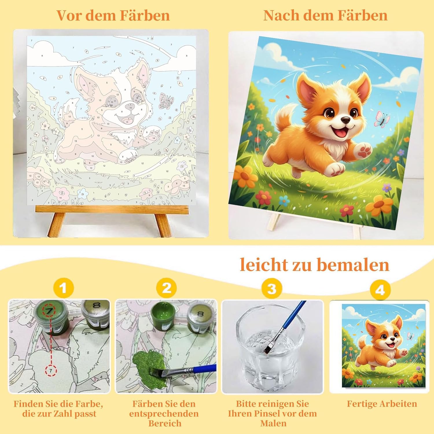 Arttoplus Paint by Numbers Children with Frame and Wooden Easel, Dog Paint by Numbers from 5, 6, 7, 8, 9, 10 Years, Girls, DIY Acrylic Paint, Paint by Numbers, Animals for Beginners, for Home Décor