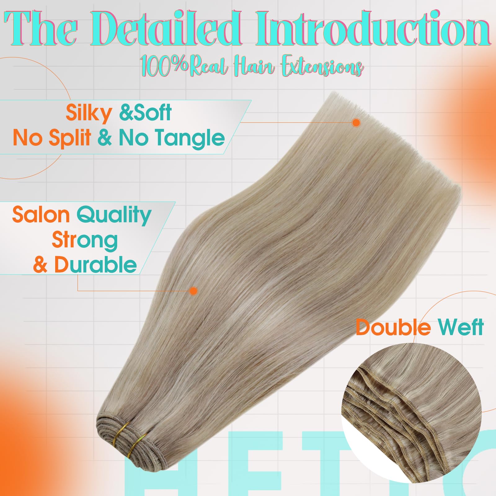 Hetto Weft Hair Extensions Real Human Hair Light Blonde Highlights, Invisible Hand Tied Sew in Hair Weft Extensions - Image 3