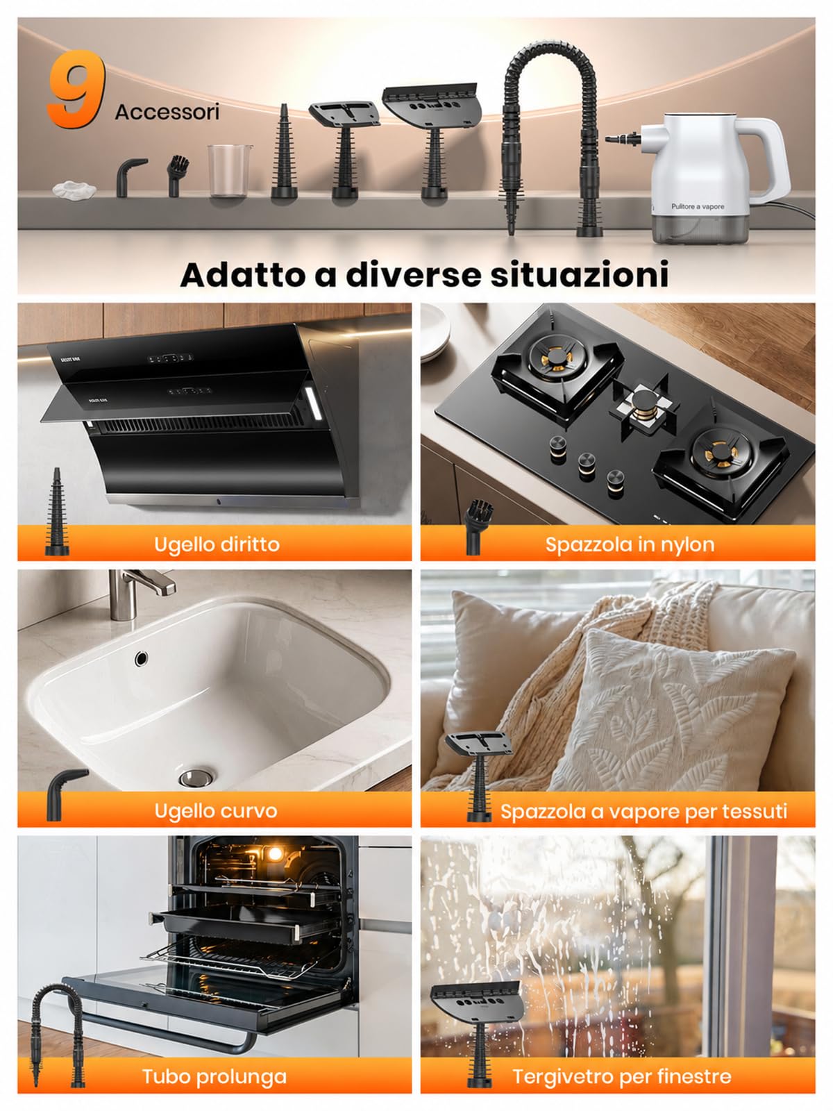Pulitore a vapore portatile a pressione con display touch intelligente, 1350 W, riscaldamento rapido in 10 s, bianco