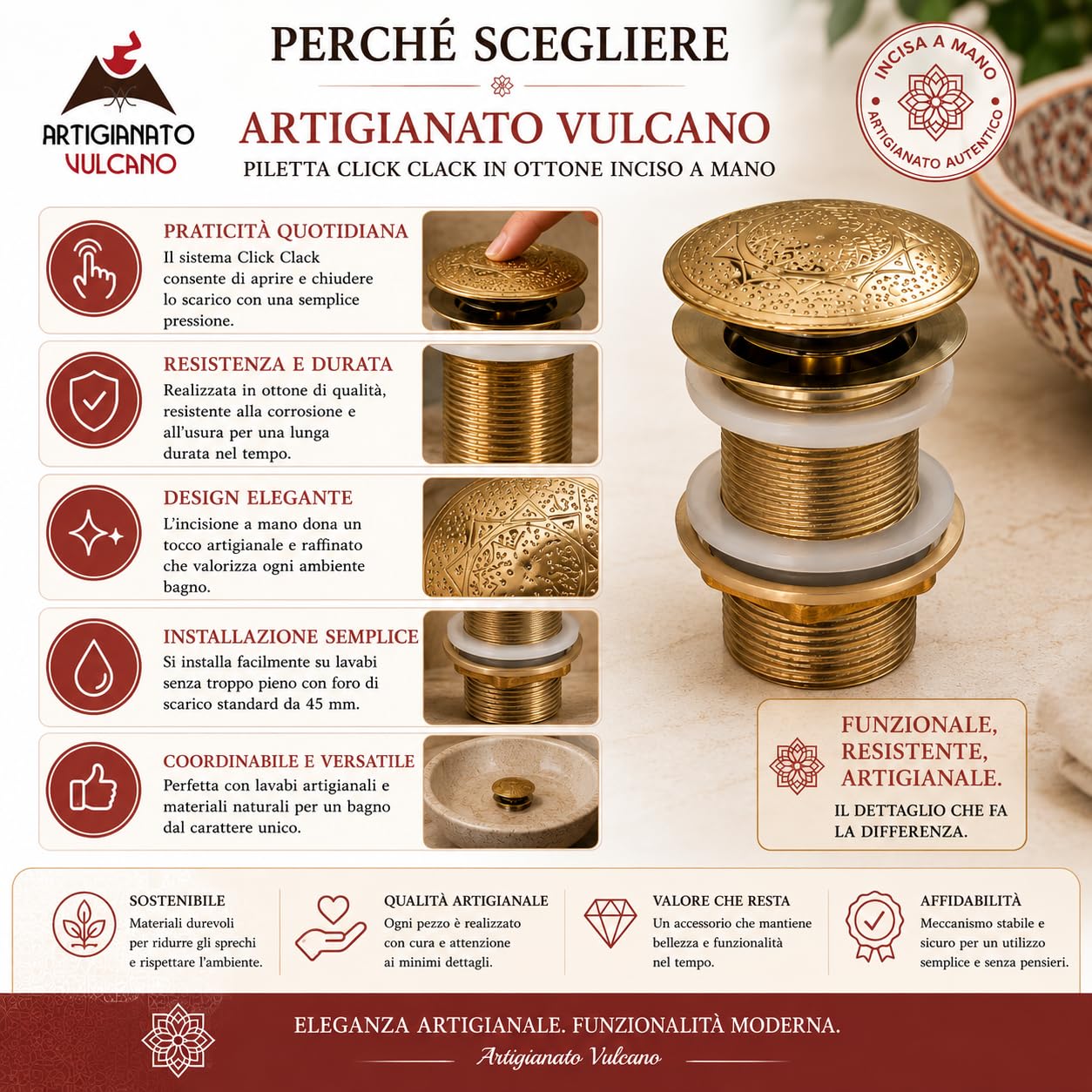 Piletta Click Clack Ottone Inciso a Mano Ø45 mm
