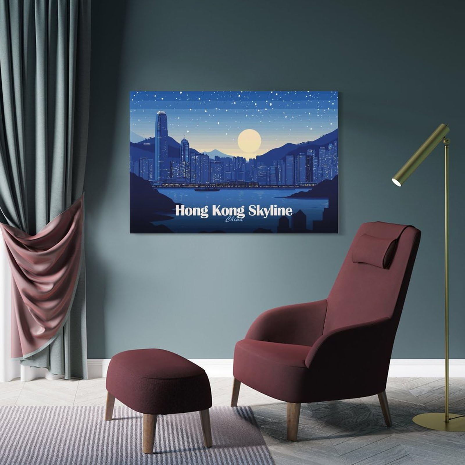 Junmoney Frame-Style-23-1 Canvas Wall Art Hong Kong Skyline At Night(2), 08X12inch(20X30cm), For Lounge, Study, Hallway Or Flat Walls, Canvas Wall Art That Fits Changing Layouts