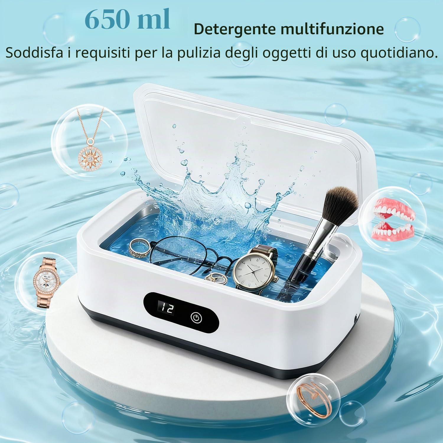 Pulitore Ultrasuoni, 48000 Hz Lavatrice Ultrasuoni 650ml con 5 Funzioni di Temporizzazione,Ultrasonic Cleaner per Apparecchio Denti, Protesi Dentali, Maschere Denti, Gioielli, Bianco
