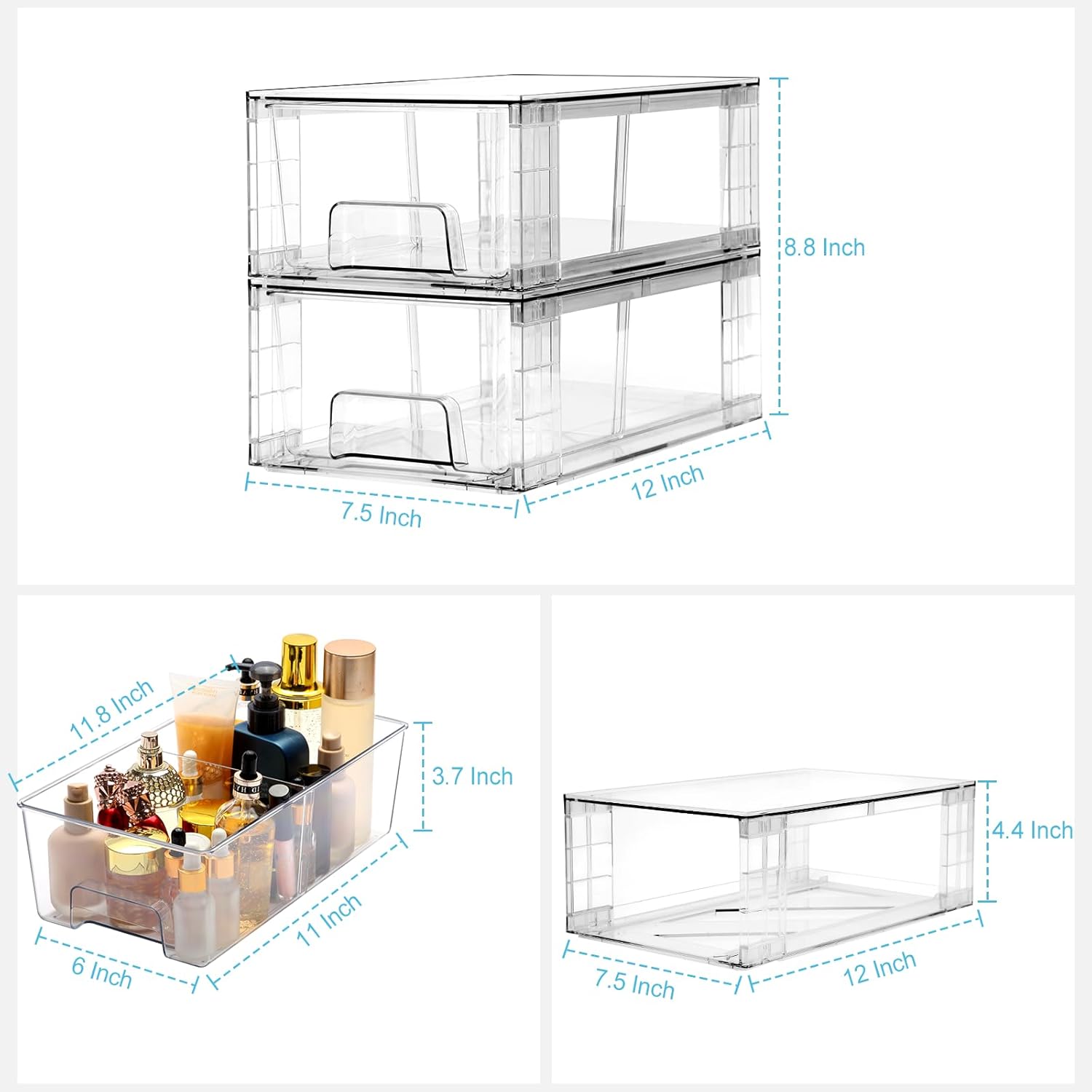 2 Pack Small Stackable Storage Drawers and 2 Pack Medium storage box for Fridge,Dressers, Pantry, Kitchen Cabinets, Under Sink