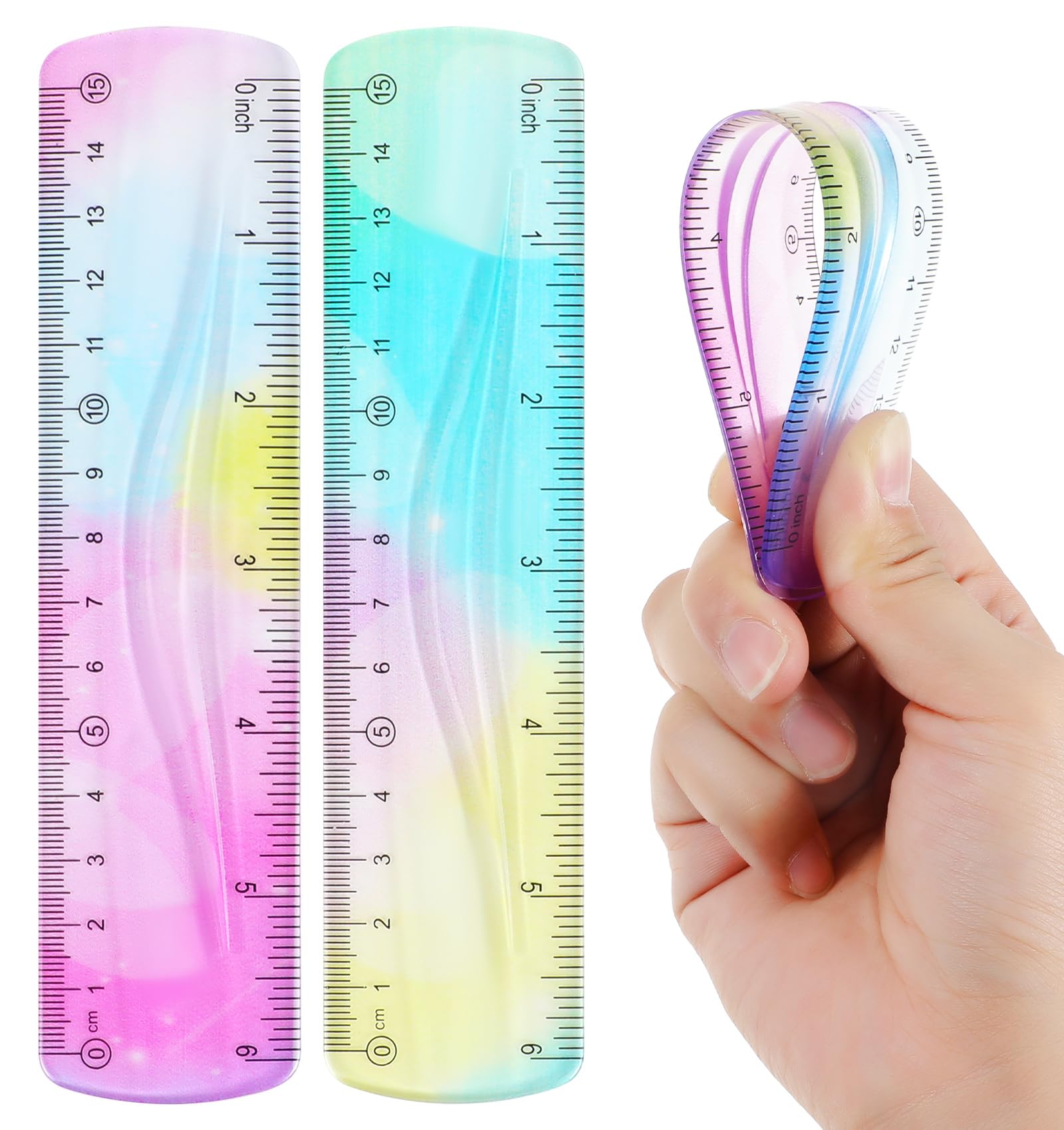 Small Ruler 6 Inches, 2 Pack 6 Inch Ruler Plastic, Soft Flexible Ruler for School, Classroom, Office, Kids & Adults (6 Inch, Colorful)