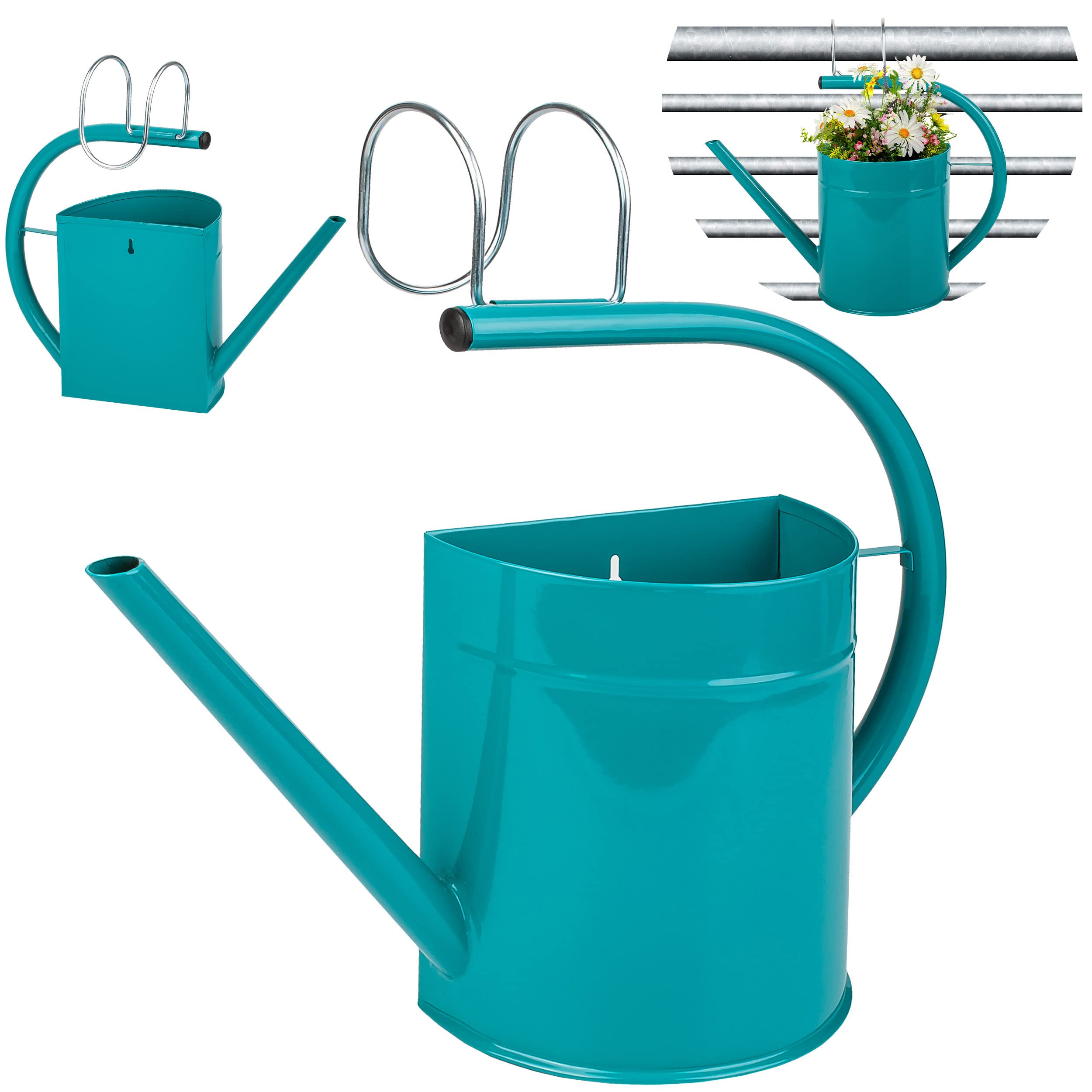 alles-meine.de GmbH 6 TLG. Set: Hänge - Töpfe Farbwahl Blumentopf/Wandvase/Hängetopf - Ø 35 cm - Metall - türkis blau/Mint - Gießkanne - HALB RUND - Hängend/mit Haken..