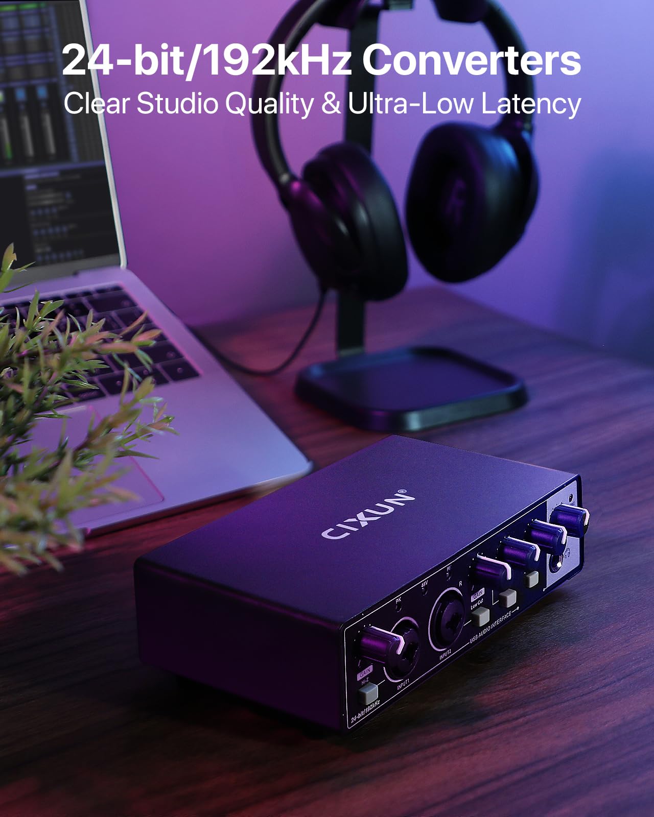 Scheda audio esterna,2×2 Interfaccia audio USB-C per PC,24 bit/192 kHz, Doppi ingressi TS/XLR,Alimentazione fantasma +48 V,per Studio/Podcast/Live Streaming (Nero))