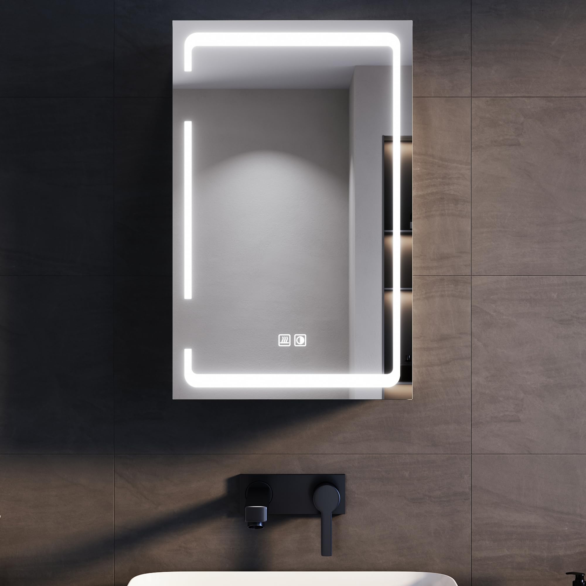 SONNI Szafka łazienkowa z lustrem LED, 60 x 38 cm, metalowa szafka z lustrem z dotykowym włącznikiem, 3 kolory światła + defogging, bezprzewodowy zawias, biała, łazienka, szafka medyczna
