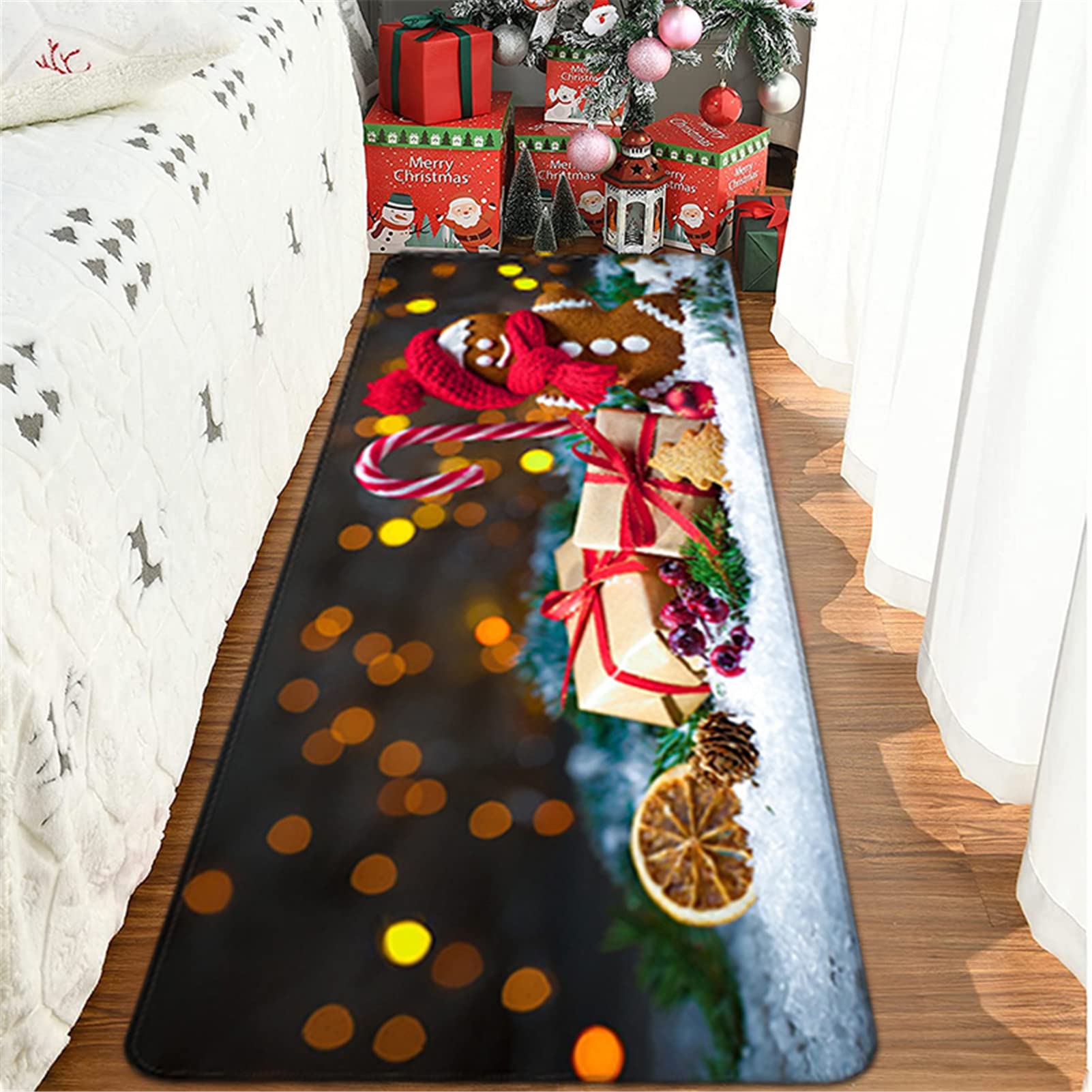 Tappeto Natalizio 3D, Tappeto Scendiletto Camera da Letto Lavabile Tappeto Lungo Natalizio Cucina Tappeto Passatoia Corridoio Morbido Tappeto Ingresso Interno Moderno per Soggiorno,50x160cm