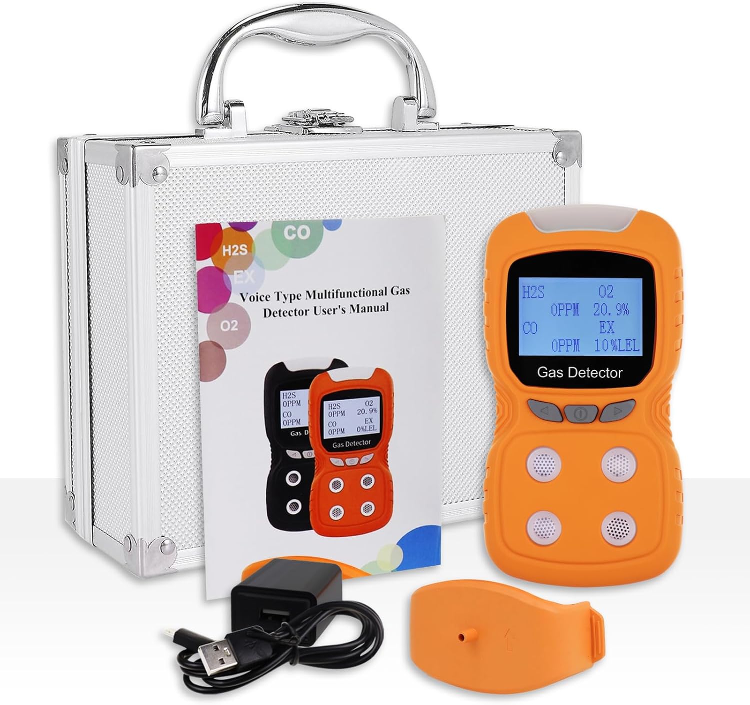 4 in 1 Gas Monitor, Gas Detector(CO H2S O2 EX), Multi Gas Detector with Visual Vibration and Audible Alarm,Recchargeable H2S Monitor Clip on