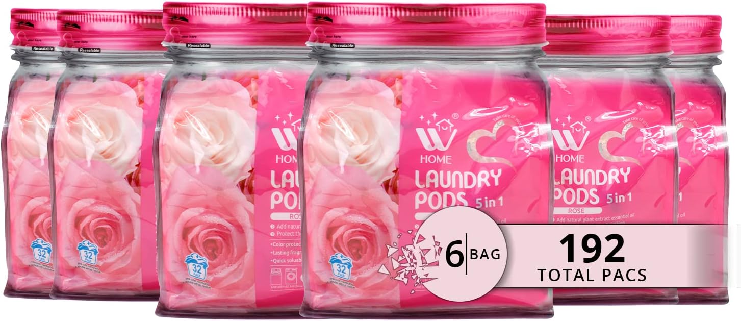 5 in 1 Laundry Pods with Rose Scent, Stainlifters Laundry Detergent, Free Clear for Sensitive Skin, 192 Count – (Pack of 6)