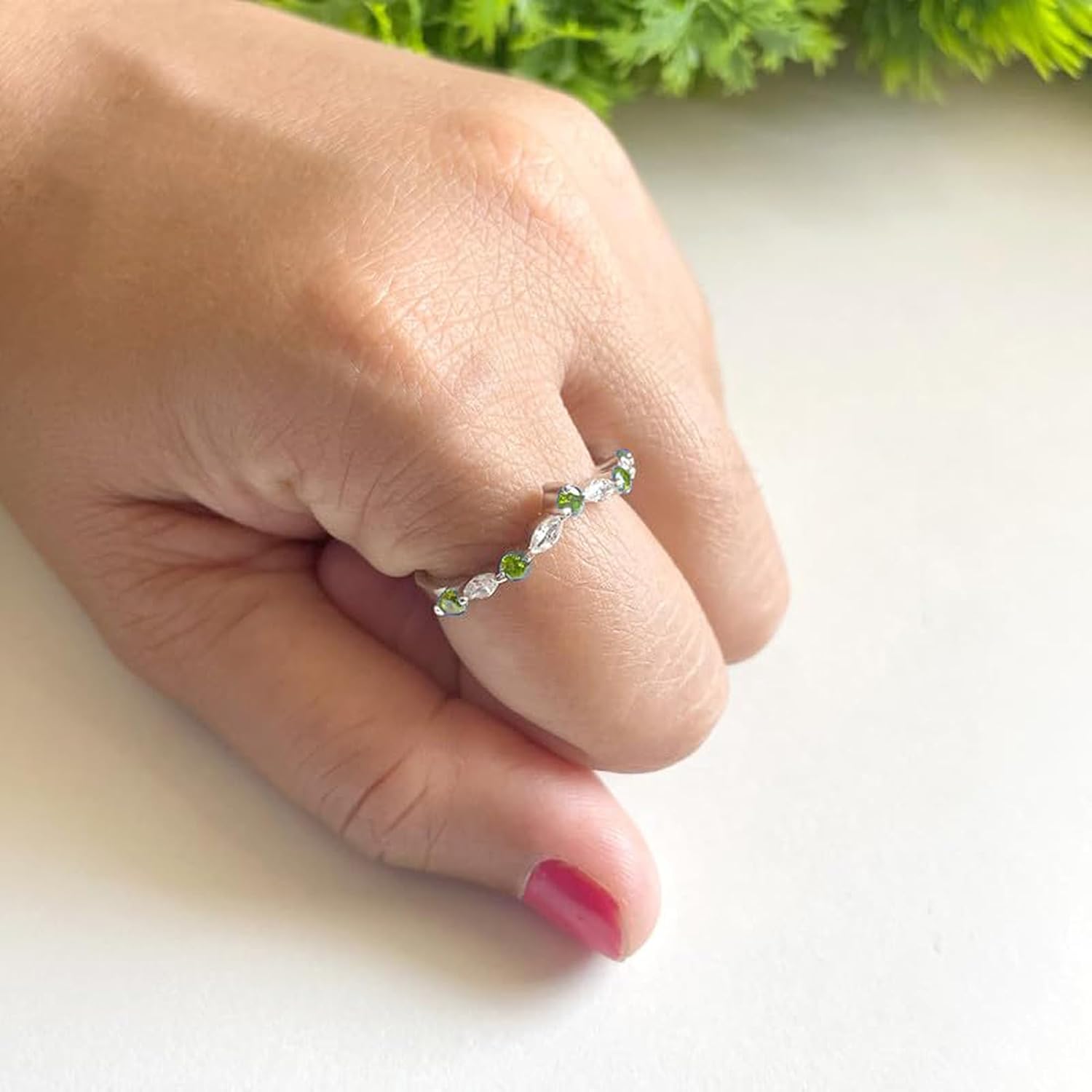 Marquise & Round Cut Green Peridot & White Diamond Chevron V Shape Wedding Band For Women, 14K Gold Plated 925 Silver August Birthstone Green Peridot V Style Anniversary Matching Band