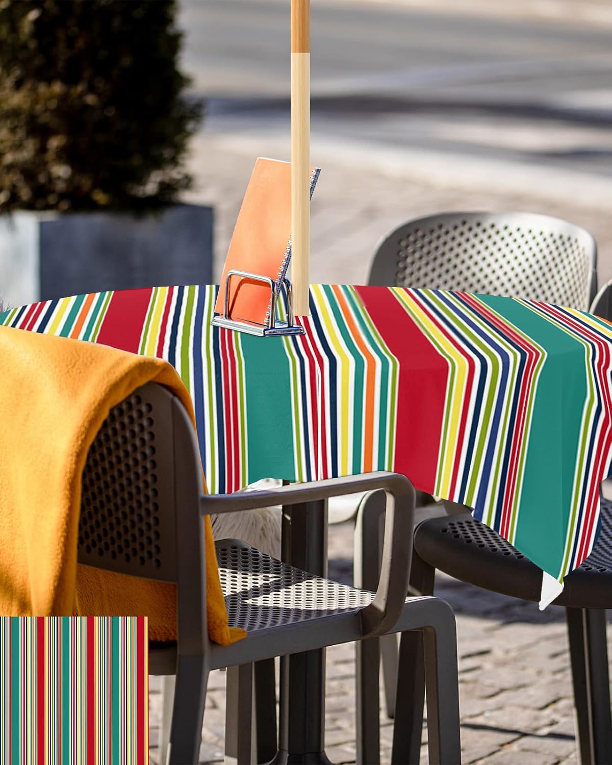 Green Red Striped Outdoor Tablecloth - 54x54 Inch Square Dining Table Cover, Farmhouse Colorful Stripes Waterproof Outdoor Table Cloth with Umbrella Hole & Zipper for Picnic/Patio/Party