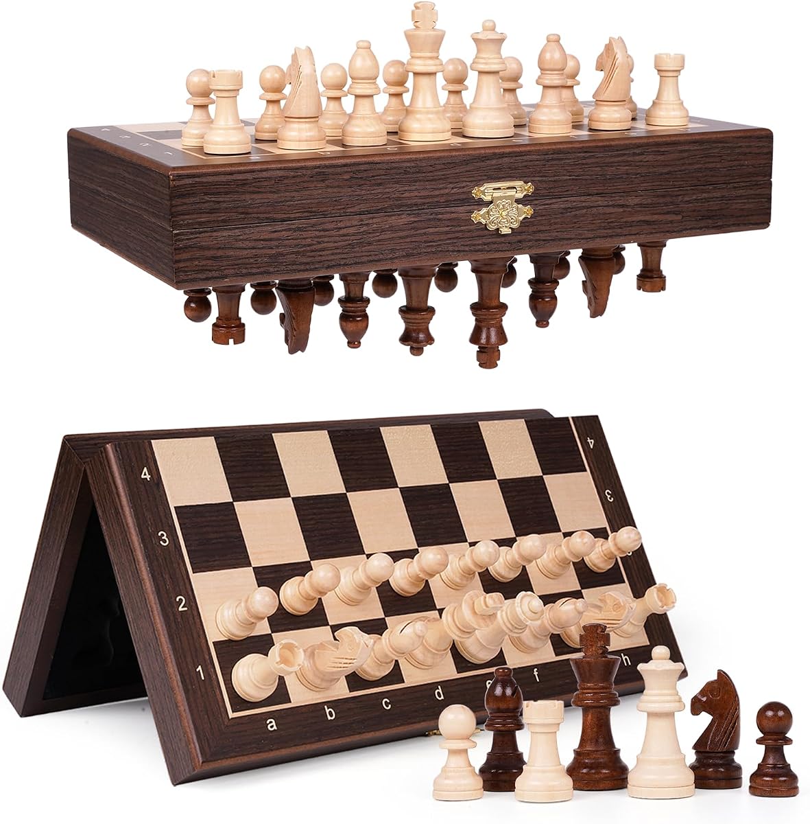 Magnetic Travel Chess Set with Wooden Folding Board – 12 Inch Portable Magnetic Chess Board Game with Handcrafted Wooden Pieces, 2 Extra Queens, Strategy Chess Set for Adults and Kids Beginners