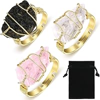 Hicarer Chakra Healing Crystal Rings - Adjustable Wire Wrapped Natural Gemstone Set of 3 for Meditation & Relaxation