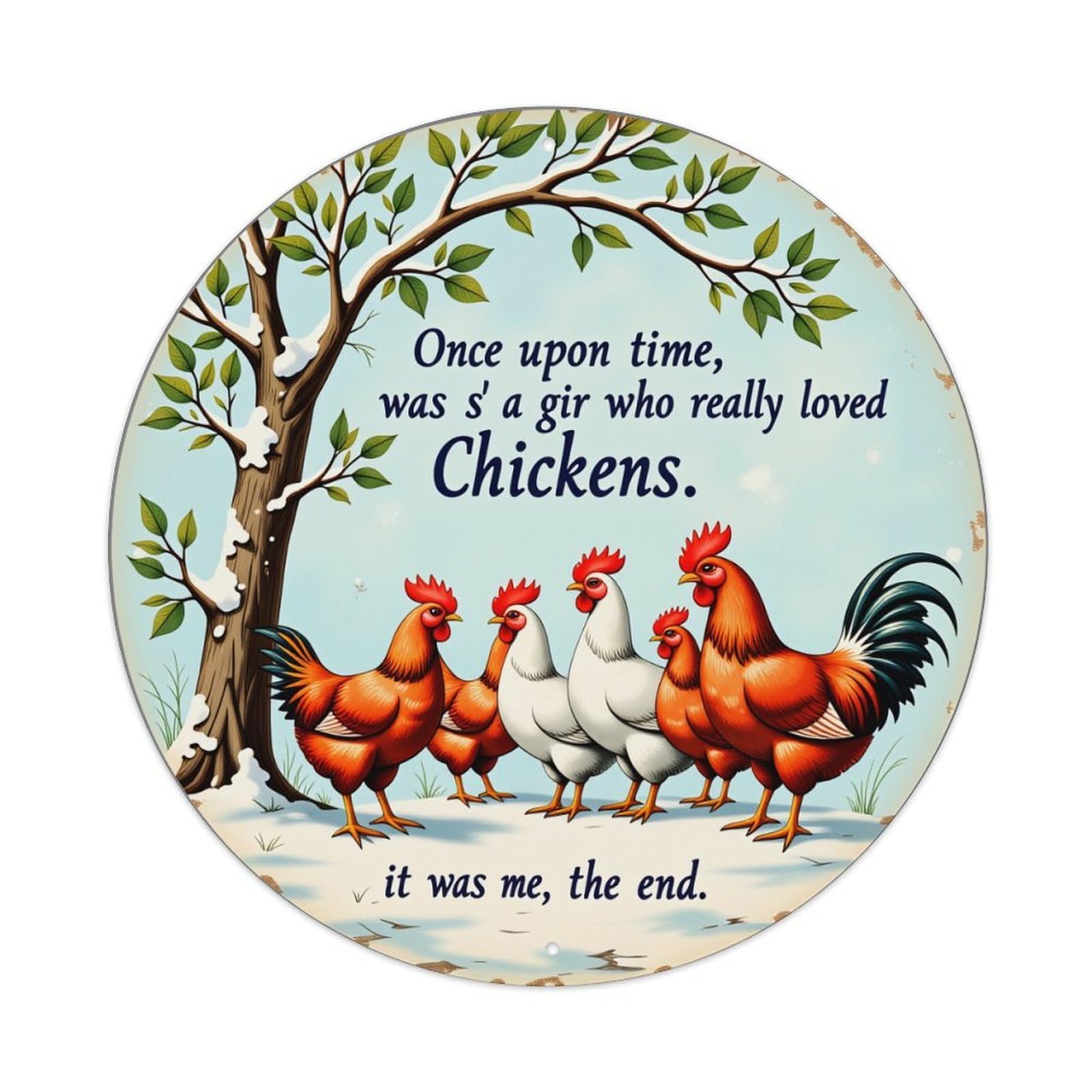 Lzwbntey Vintage Chicken Farm Story Tree Snow Metal Tin Sign Retro Wall Decor For Home Bar Garage Cafe, Indoor & Outdoor Decorative，Circle Metal Poster, 8X8 Inch