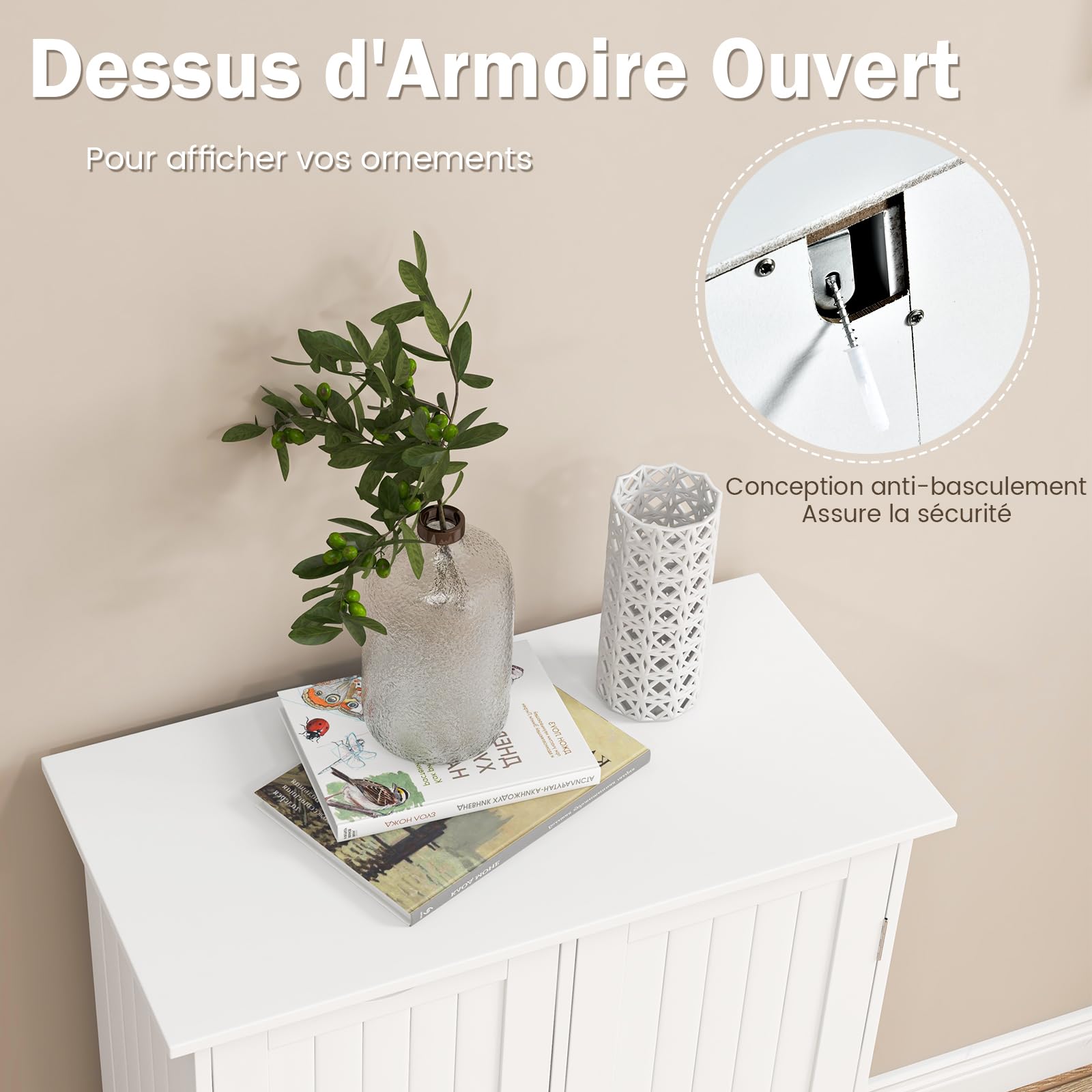 GOPLUS Meuble de Salle de Bain avec 3 Tiroirs, Meuble Rangement Placard avec Porte Magnétique, Anti-Basculement & Étagère Réglable, 58x28x81cm, Blanc