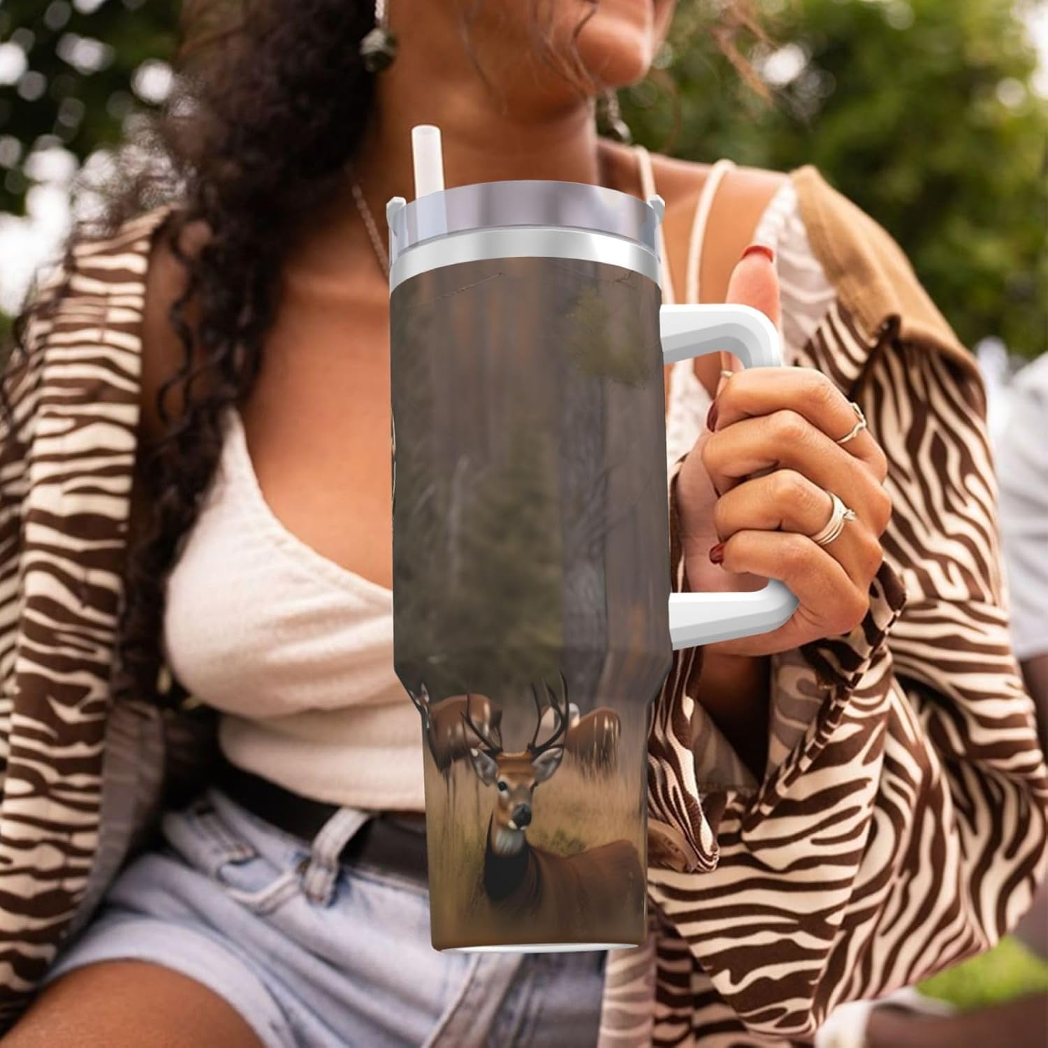 40 OZ Deer Hunting Print Ice Bully Cup with Handle Straw Lid Straw,Stainless Steel Tumbler Coffee Cup