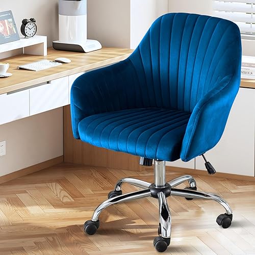 Anwickhomk Silla de escritorio de terciopelo para oficina en casa, bonita silla de tocador con respaldo y ruedas, moderna silla enrollable para