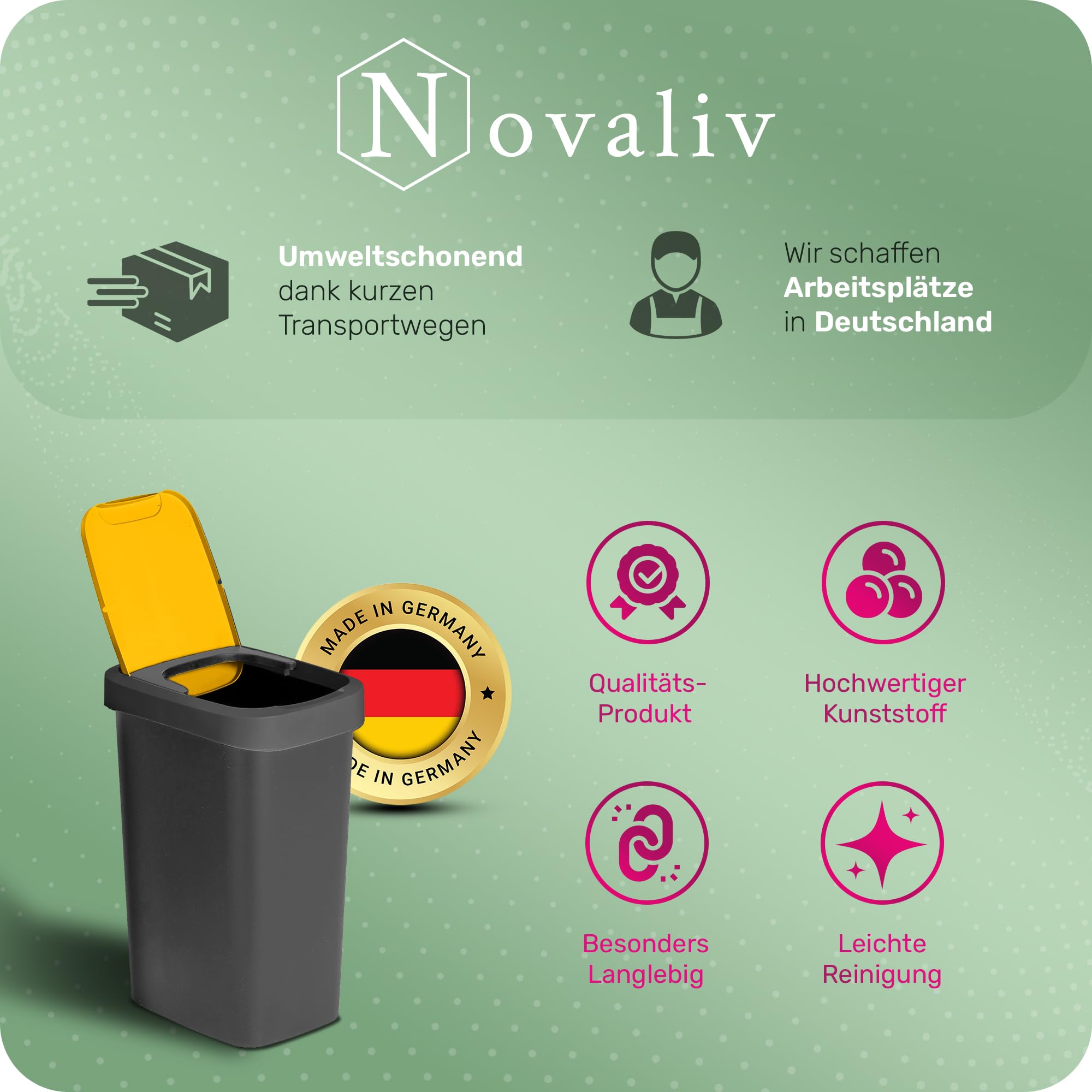 Novaliv Zestaw 3 koszy na śmieci 25 l z uchylną pokrywą, żółte, segregacja śmieci, do żółtego worka i opakowań, z recyklingu, system segregacji odpadów, do kuchni, gospodarstwa domowego, biura, wiadro