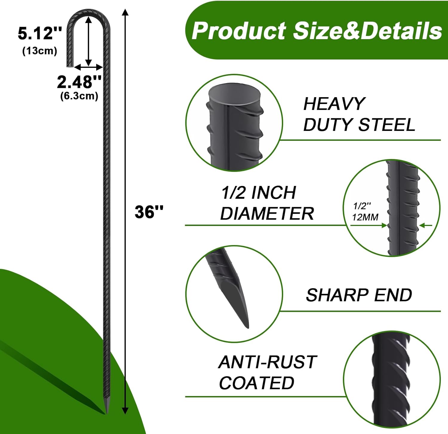 aagut rebar stakes 36 inch j hook heavy duty 20 pack, 1/2 inch extra long tent stakes with chisel point end, black coated metal ground anchors for garden, chain link fence, greenhouse, sculpture 20pcs black j-36 inch-?1/2"