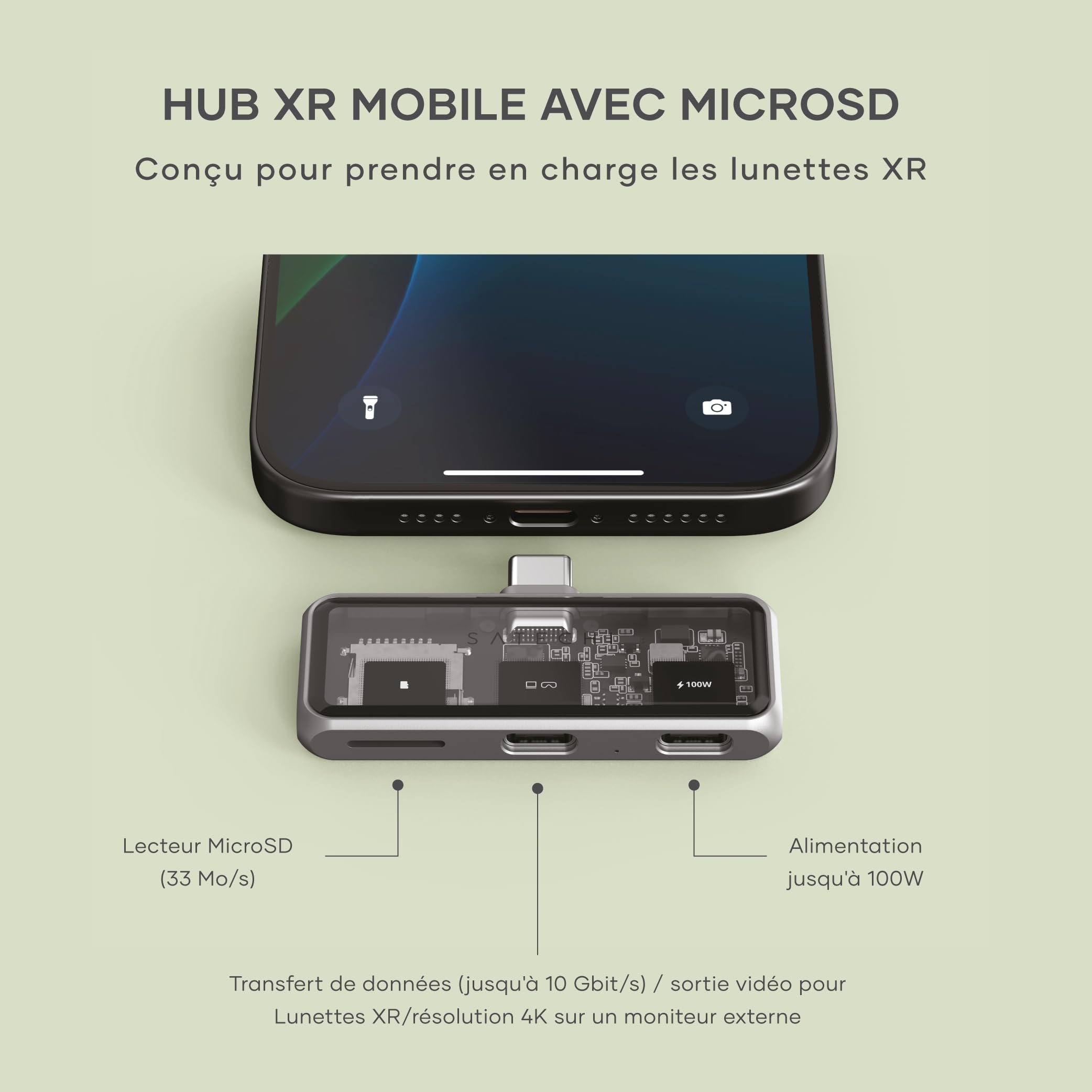 SATECHI Mobile Hub USB C 3 en 1 avec Lecteur MicroSD, HDMI, 100W, 10Gbps