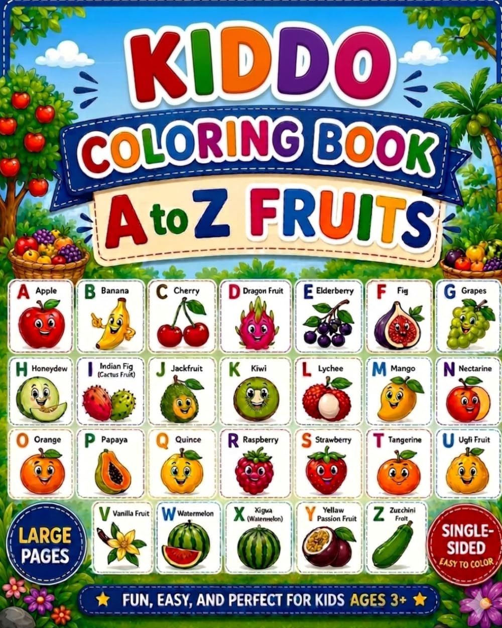 A to Z Fruits Coloring Book: Fun and Easy Fruit Coloring Pages for Kids Ages 3+ | Learn Alphabets with Fruits | Single sided Easy to Color (KIDDO Coloring Book)
