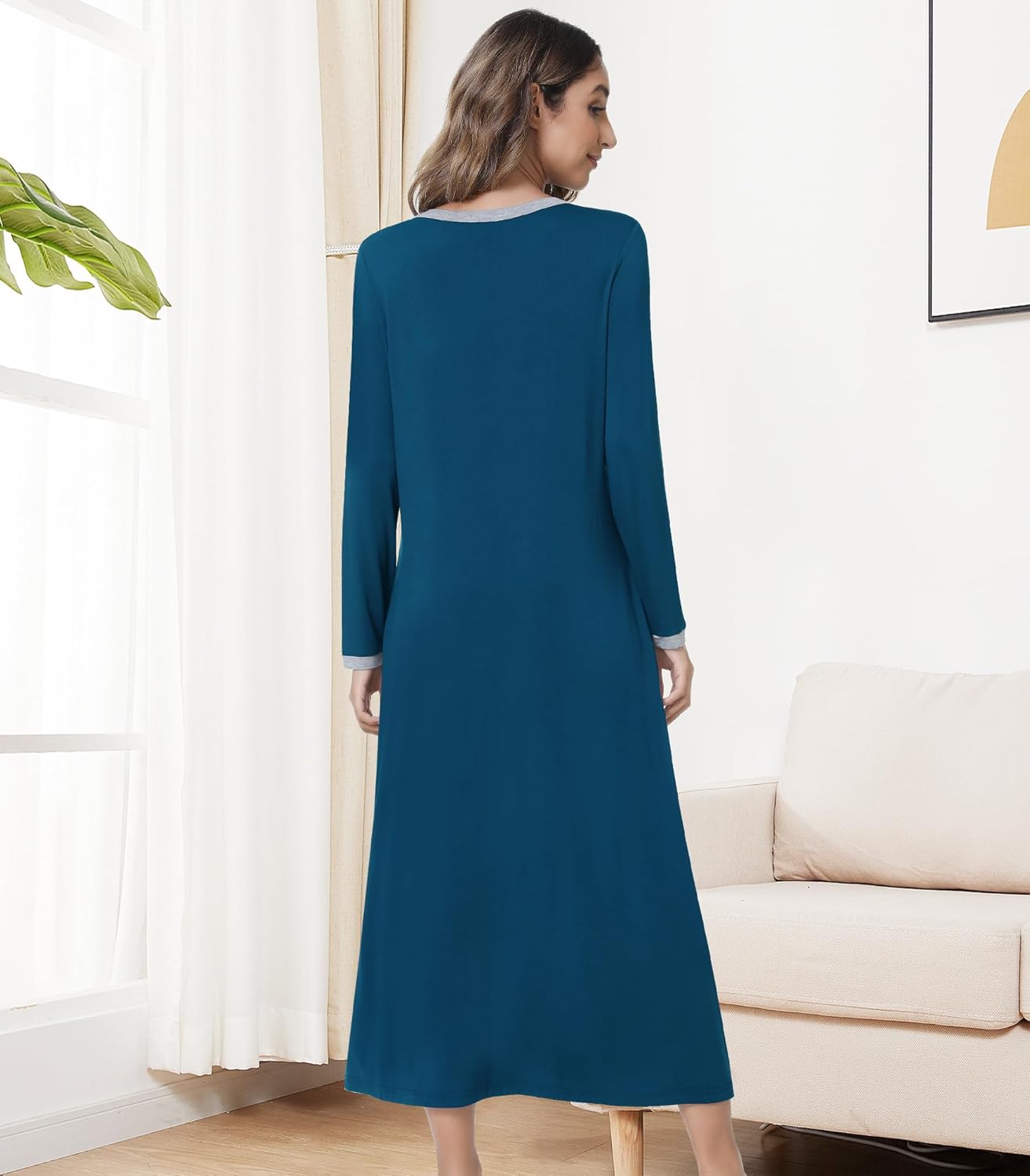 NACHILA Women's Nightgowns-Viscose Made from Bamboo, Long Sleeve Nightshirt Full Length Sleepshirt Soft Sleepwear with Pocket